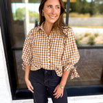 Gingham Scalloped Blouse - Camel-200 Fashion Blouses-ENTRO-July & June Women's Fashion Boutique Located in San Antonio, Texas