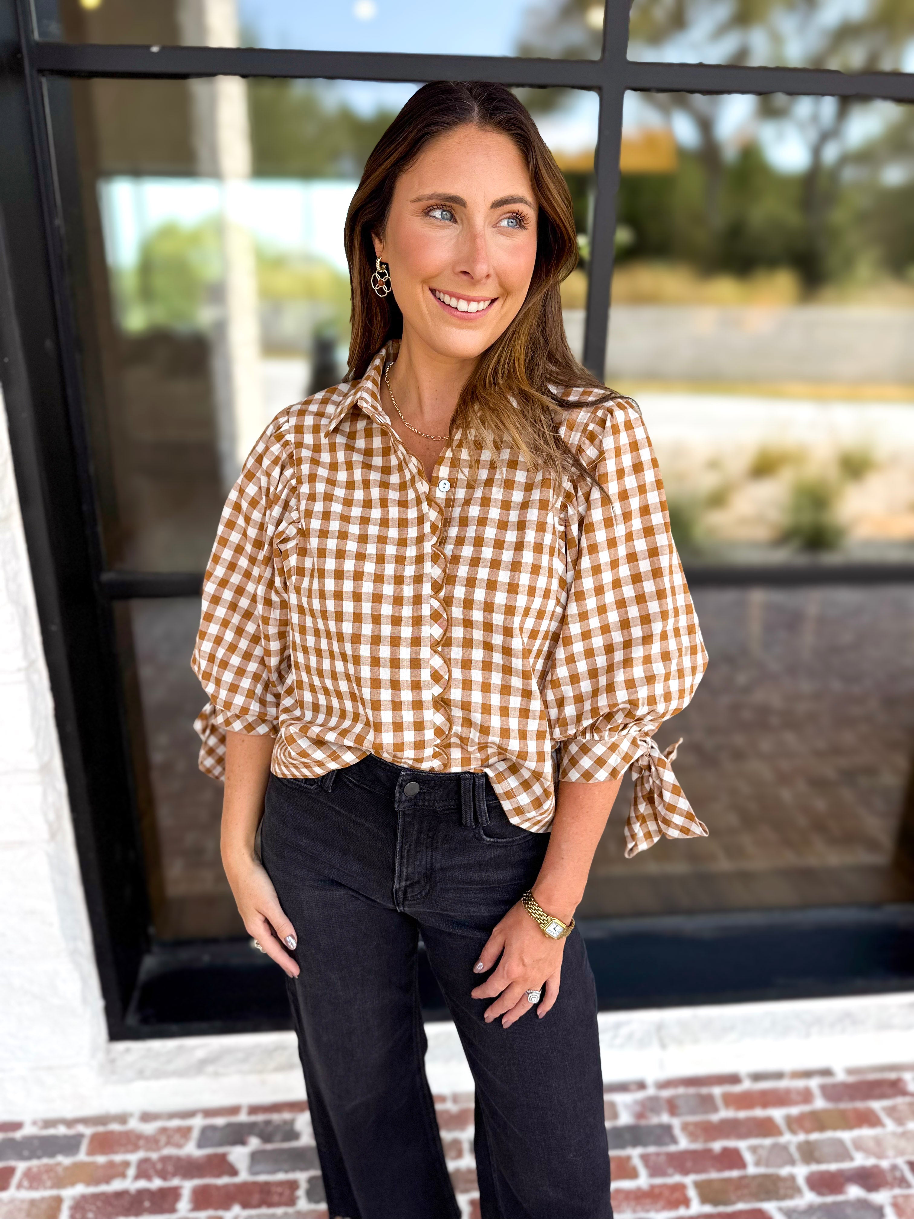 Gingham Scalloped Blouse - Camel-200 Fashion Blouses-ENTRO-July & June Women's Fashion Boutique Located in San Antonio, Texas
