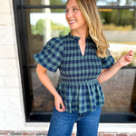 Pine Plaid Blouse-200 Fashion Blouses-ENTRO-July & June Women's Fashion Boutique Located in San Antonio, Texas