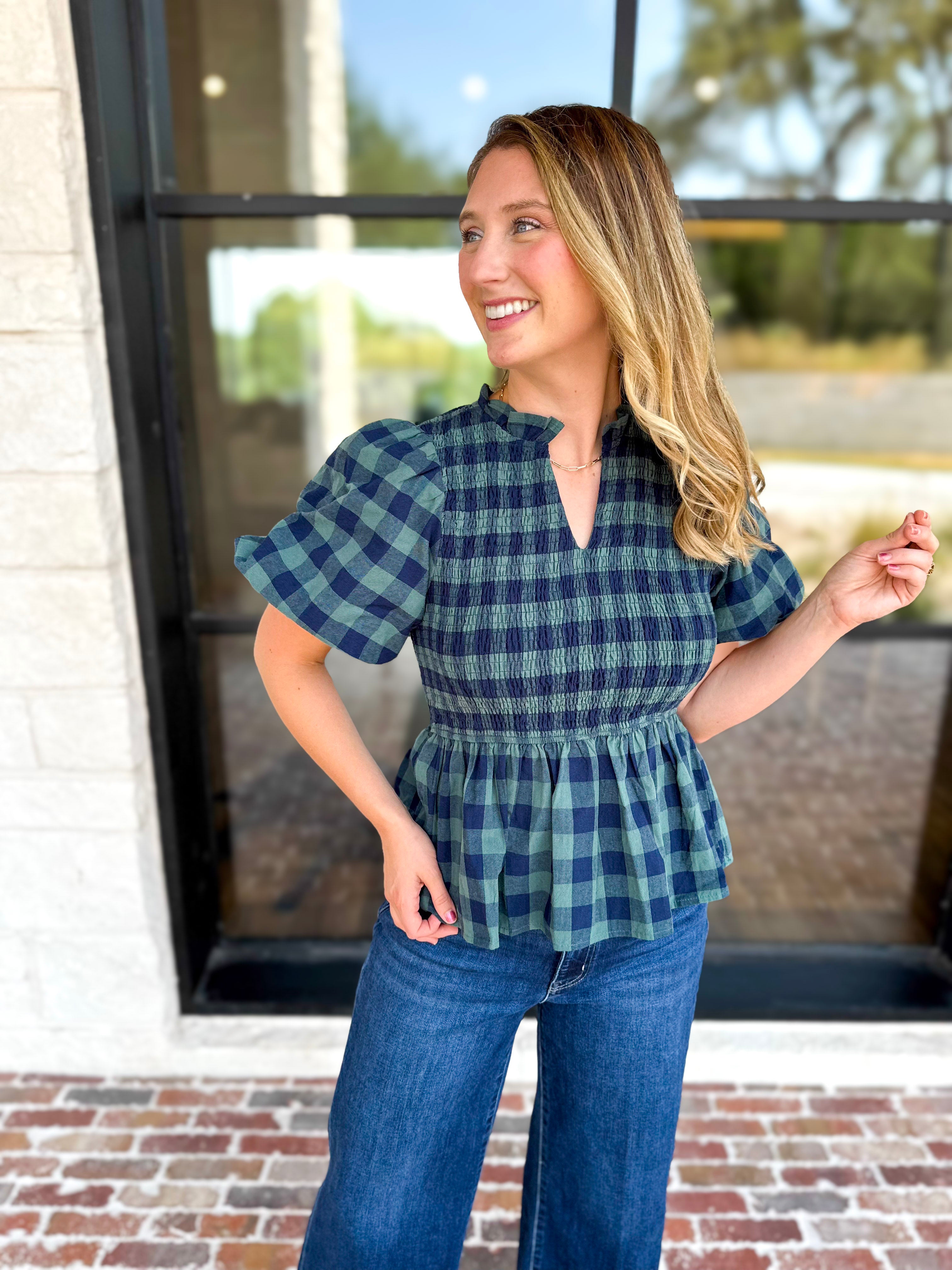Pine Plaid Blouse-200 Fashion Blouses-ENTRO-July & June Women's Fashion Boutique Located in San Antonio, Texas