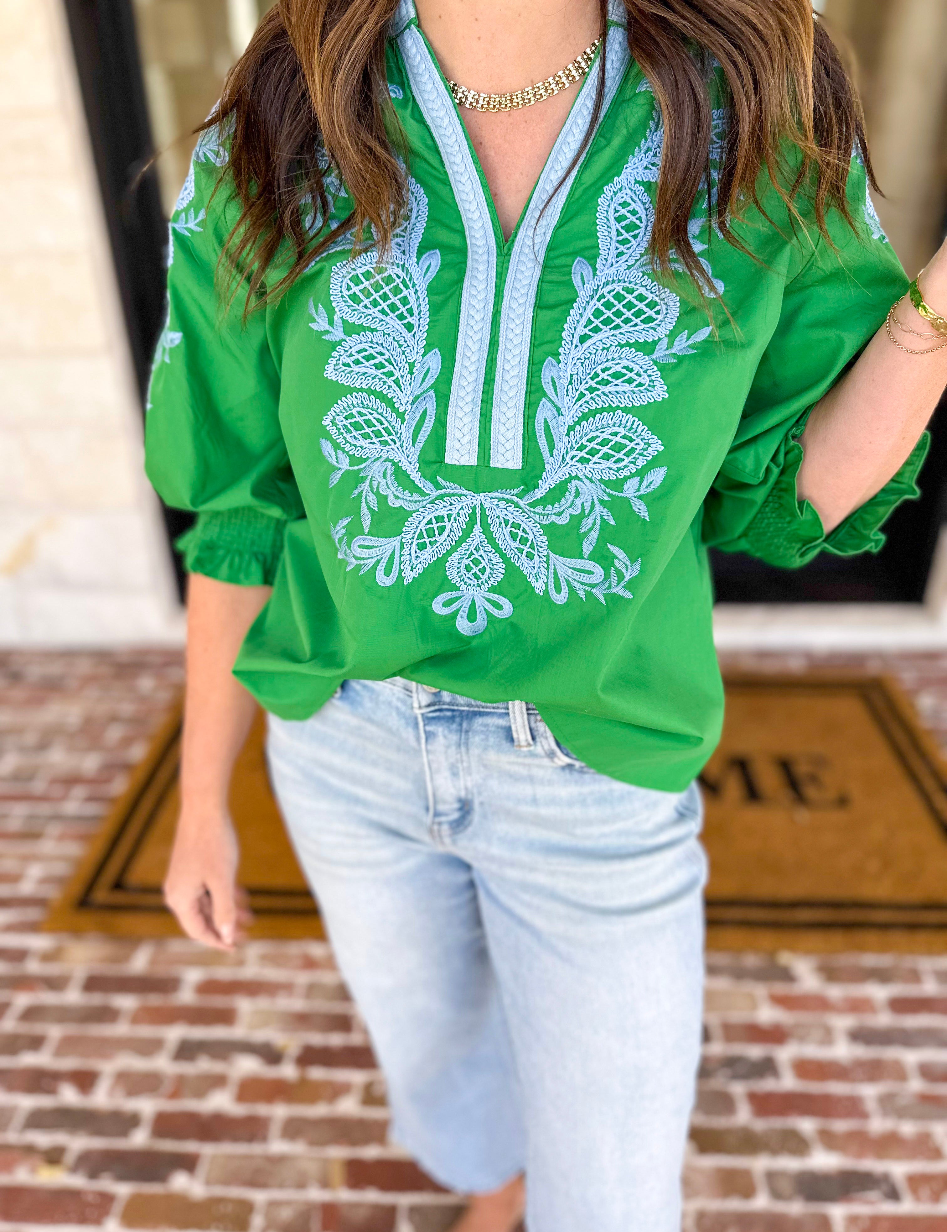The San Antonio Embroidered Blouse - Kelly Green-200 Fashion Blouses-ENTRO-July & June Women's Fashion Boutique Located in San Antonio, Texas