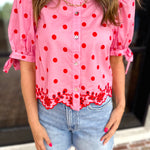 Polka Dot Chic Blouse - Red & Pink-200 Fashion Blouses-ENTRO-July & June Women's Fashion Boutique Located in San Antonio, Texas