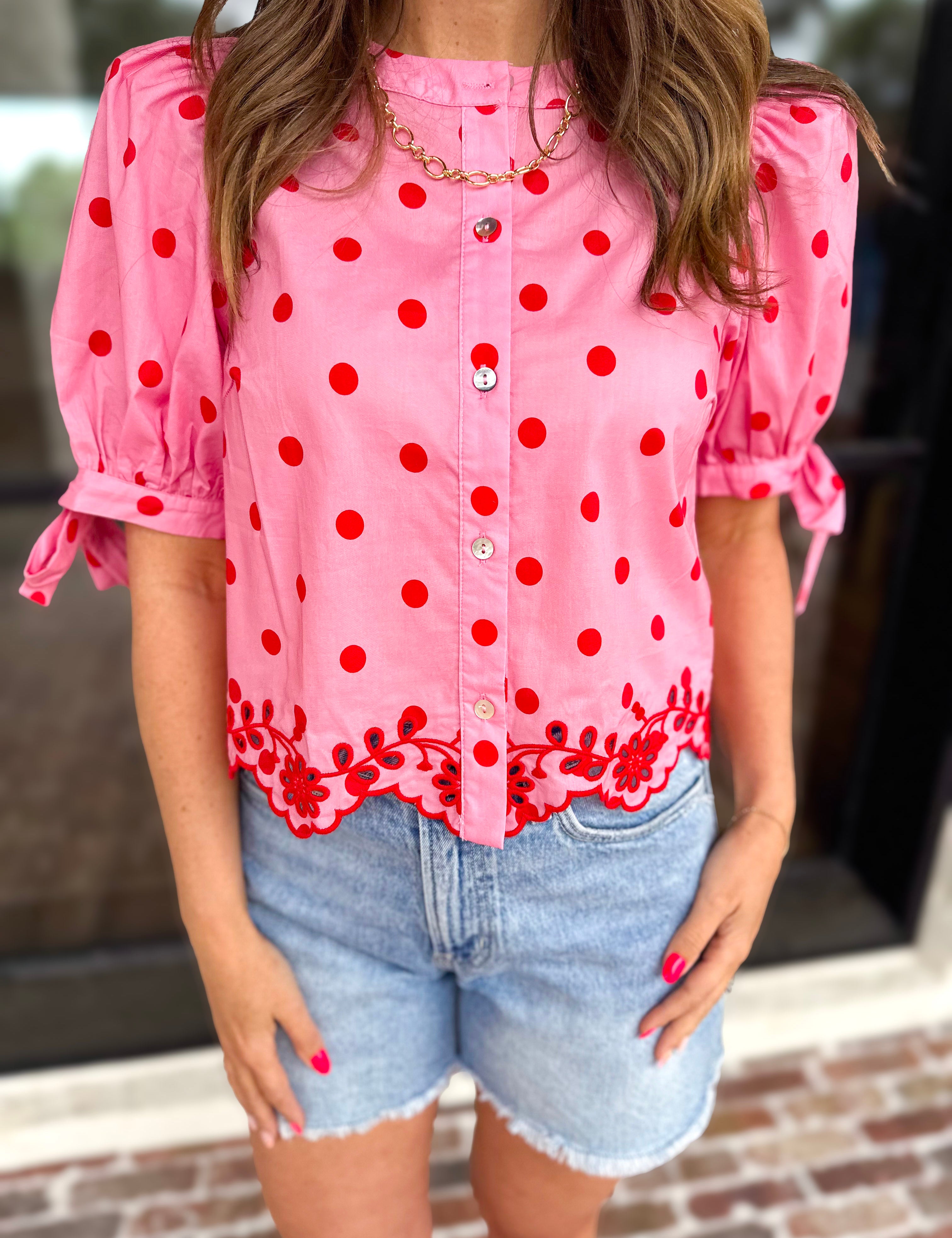 Polka Dot Chic Blouse - Red & Pink-200 Fashion Blouses-ENTRO-July & June Women's Fashion Boutique Located in San Antonio, Texas