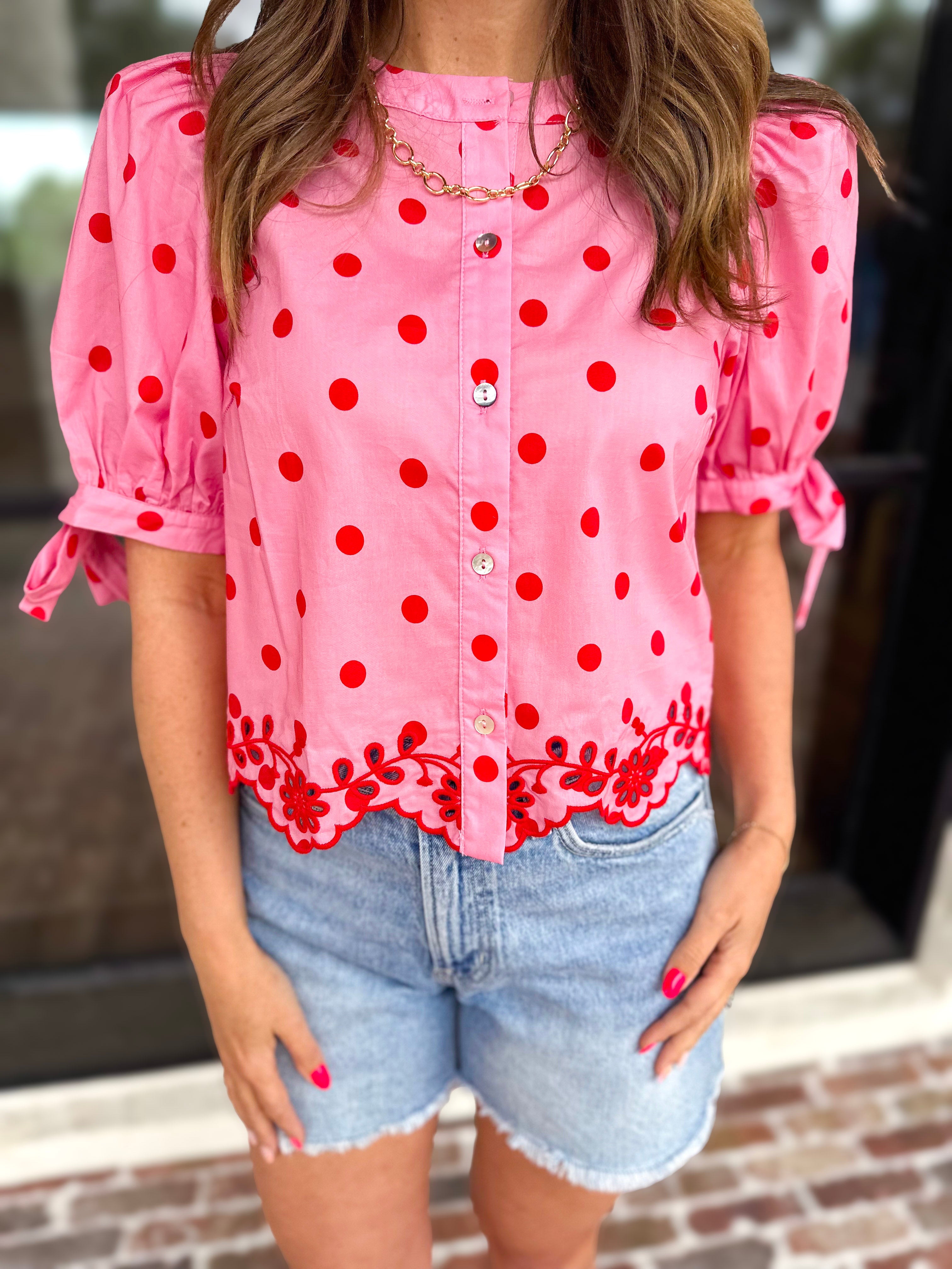 Polka Dot Chic Blouse - Red & Pink-200 Fashion Blouses-ENTRO-July & June Women's Fashion Boutique Located in San Antonio, Texas