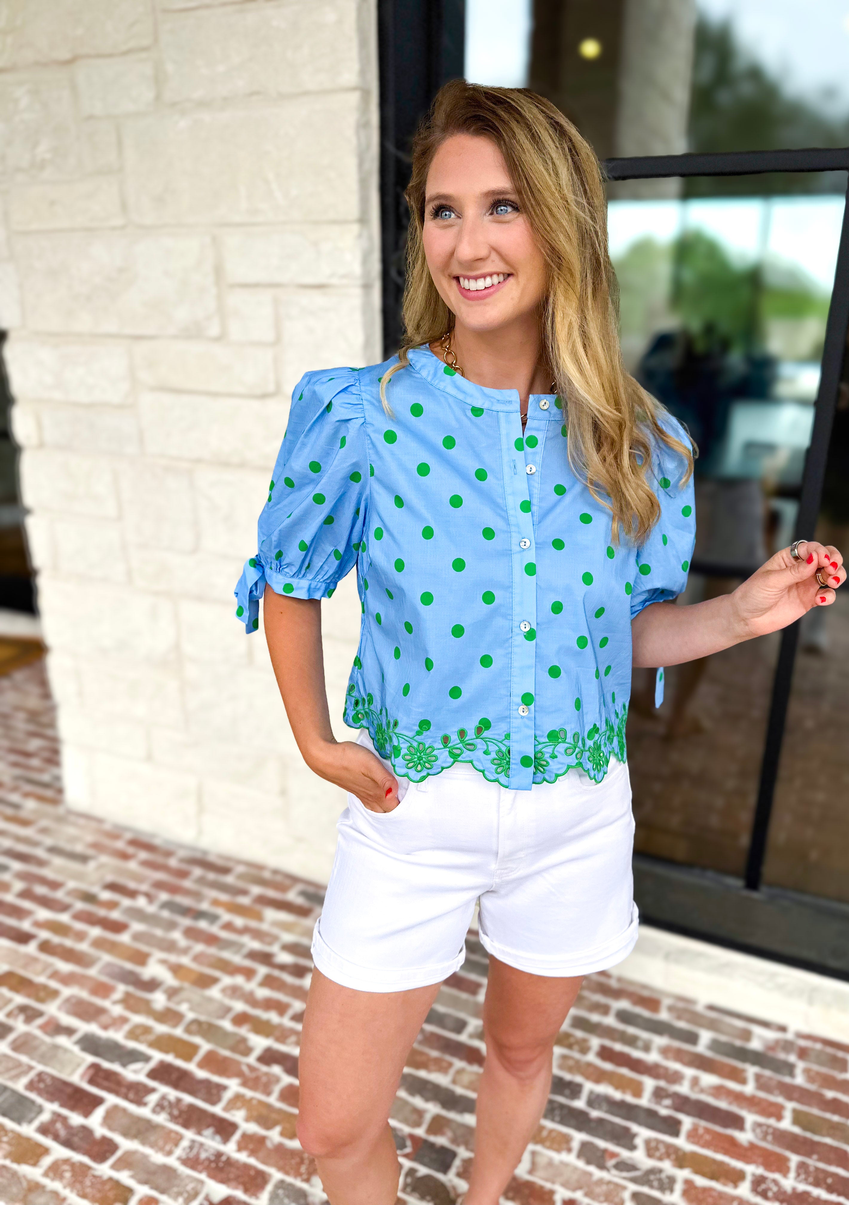 Polka Dot Chic Blouse - Green & Blue-200 Fashion Blouses-ENTRO-July & June Women's Fashion Boutique Located in San Antonio, Texas