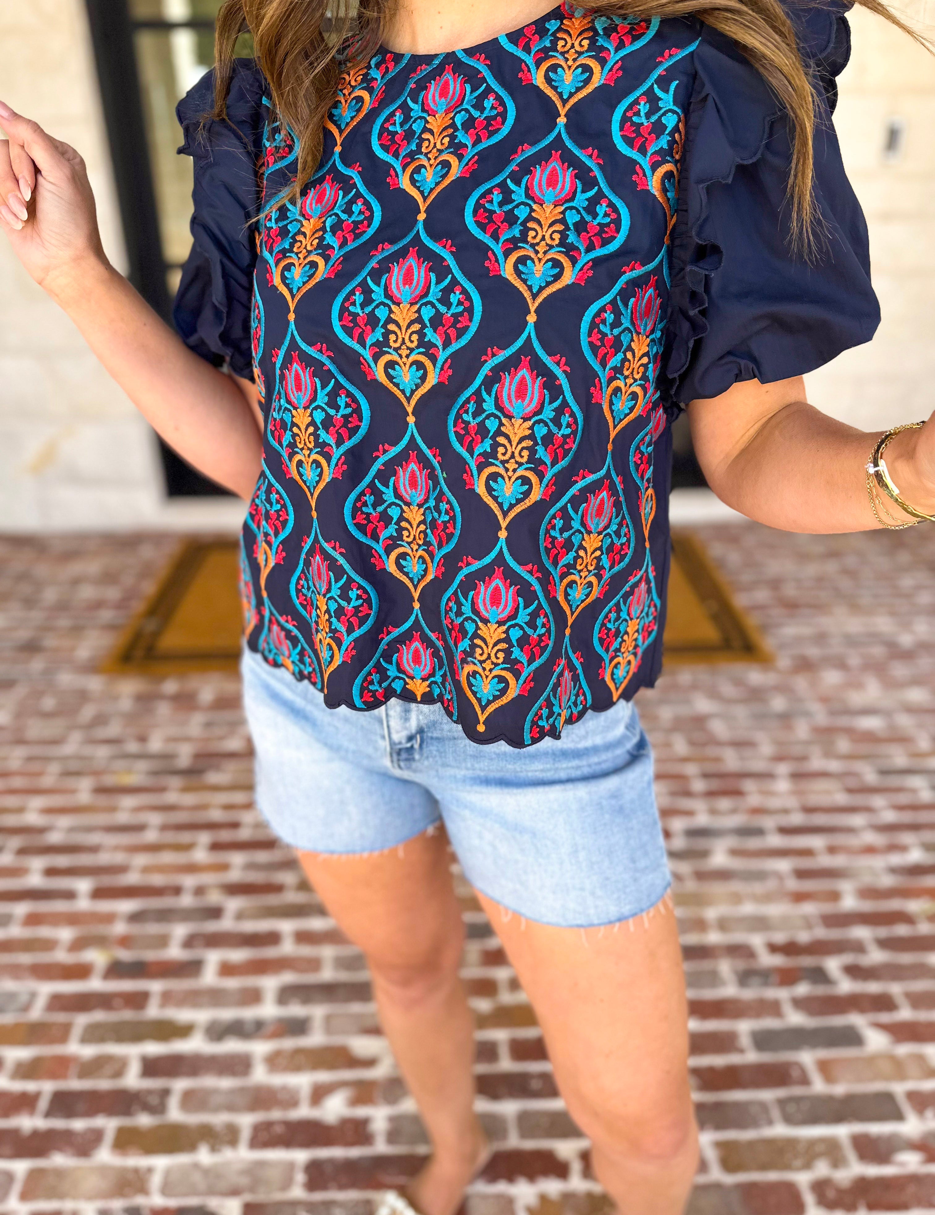 Spring Celebration Blouse - Navy-200 Fashion Blouses-JODIFL-July & June Women's Fashion Boutique Located in San Antonio, Texas