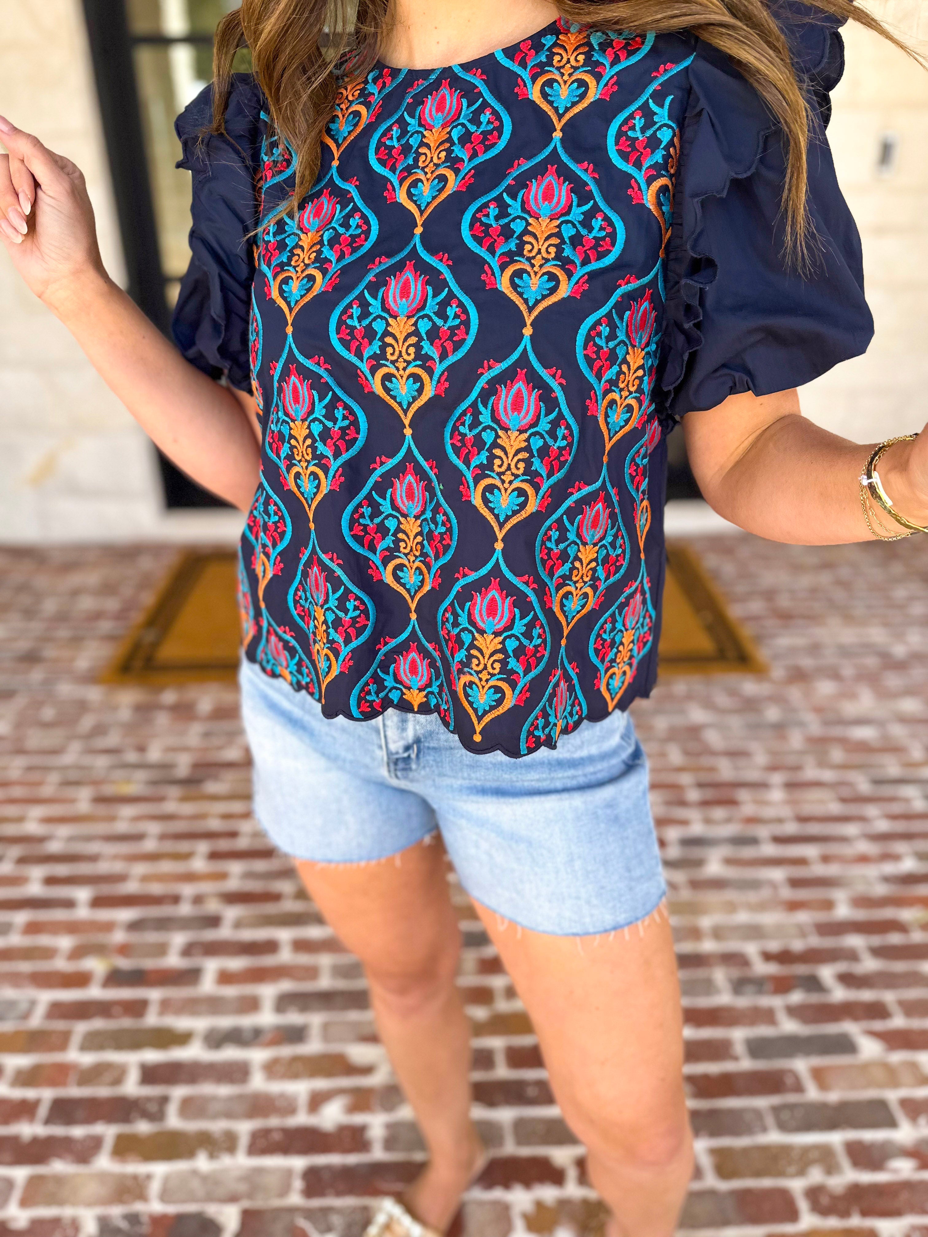 Spring Celebration Blouse - Navy-200 Fashion Blouses-JODIFL-July & June Women's Fashion Boutique Located in San Antonio, Texas
