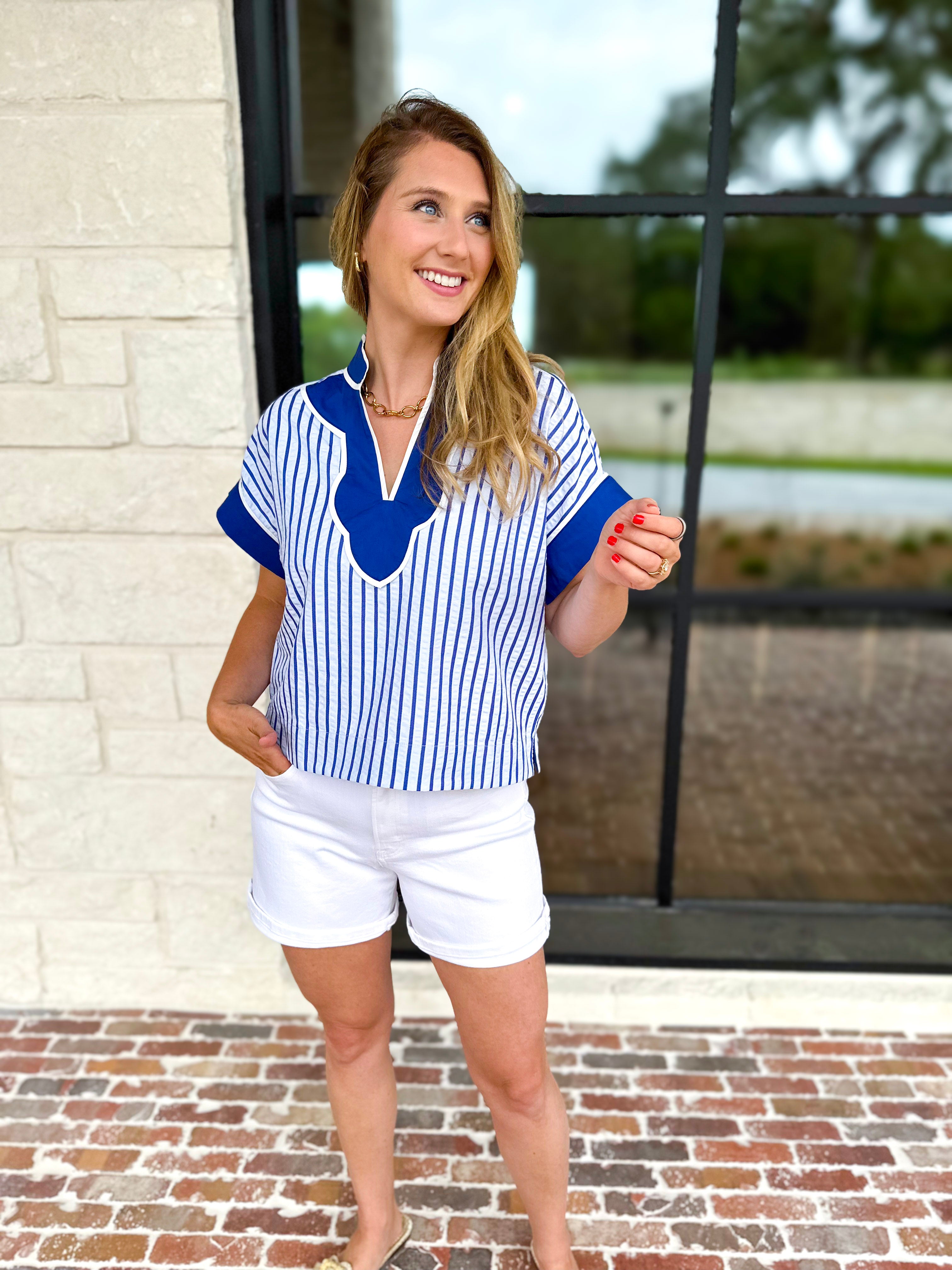Bayside Striped Blouse - Pale Blue & Cobalt-200 Fashion Blouses-ENTRO-July & June Women's Fashion Boutique Located in San Antonio, Texas