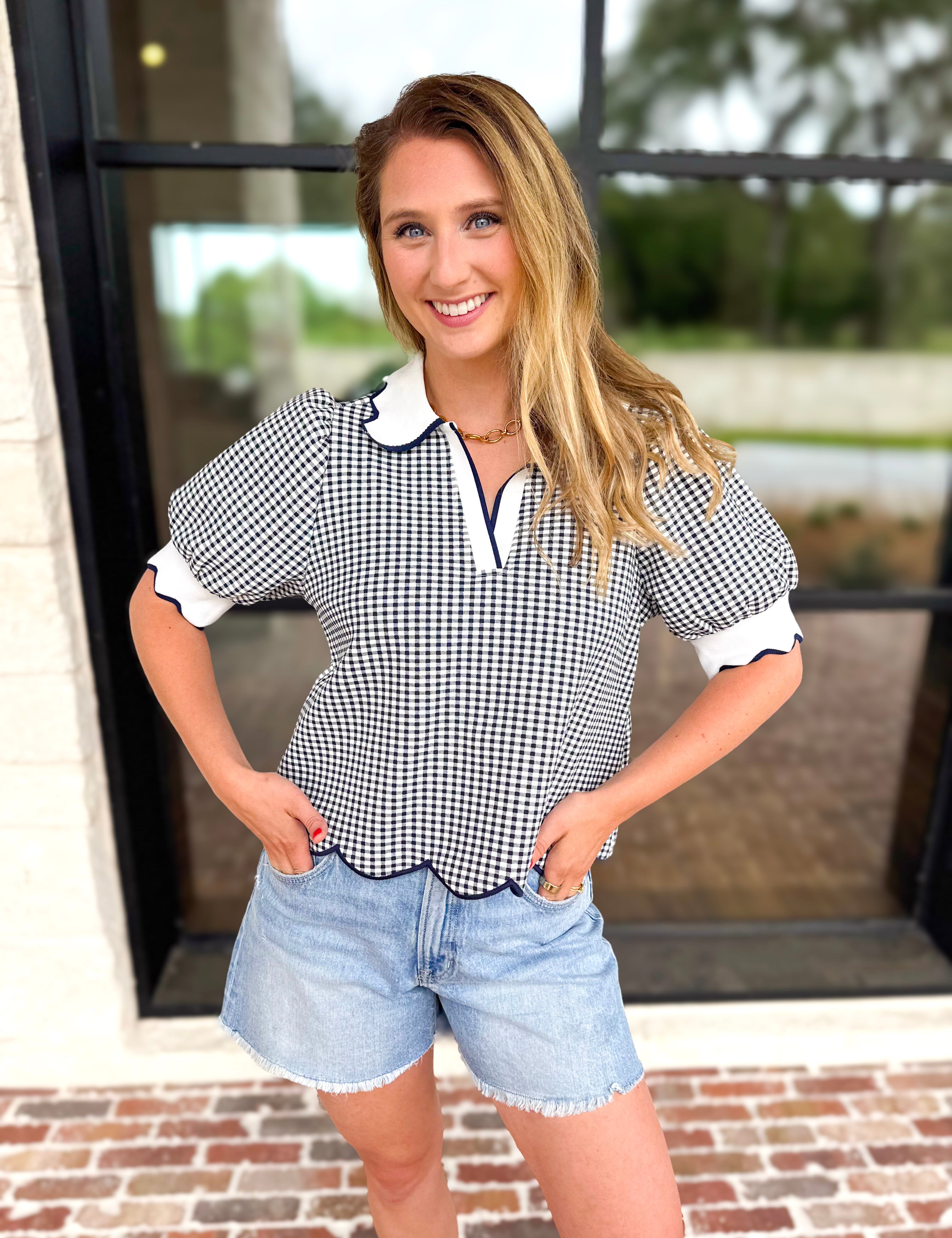 Summer Escape Gingham Blouse - Navy Blue-200 Fashion Blouses-ENTRO-July & June Women's Fashion Boutique Located in San Antonio, Texas