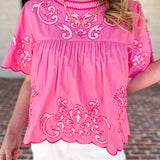 THML - The Riverwalk Embroidered Blouse - Pink-200 Fashion Blouses-THML-July & June Women's Fashion Boutique Located in San Antonio, Texas