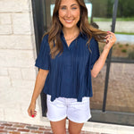 Current Air - Pleated Button Down Blouse - Navy-200 Fashion Blouses-CURRENT AIR CLOTHING-July & June Women's Fashion Boutique Located in San Antonio, Texas