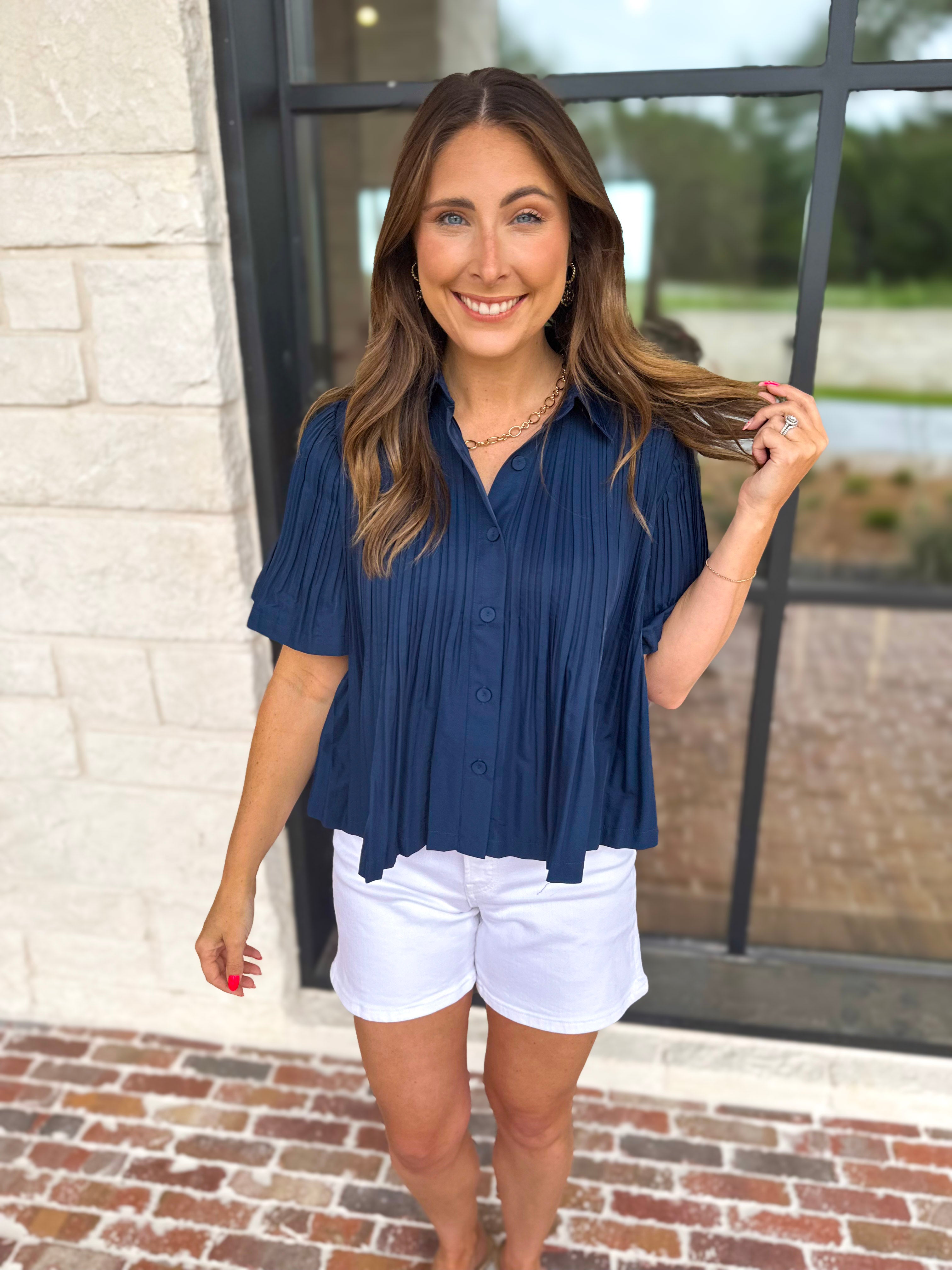 Current Air - Pleated Button Down Blouse - Navy-200 Fashion Blouses-CURRENT AIR CLOTHING-July & June Women's Fashion Boutique Located in San Antonio, Texas
