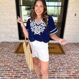 City Strolls Embroidered Blouse - Navy-200 Fashion Blouses-JODIFL-July & June Women's Fashion Boutique Located in San Antonio, Texas