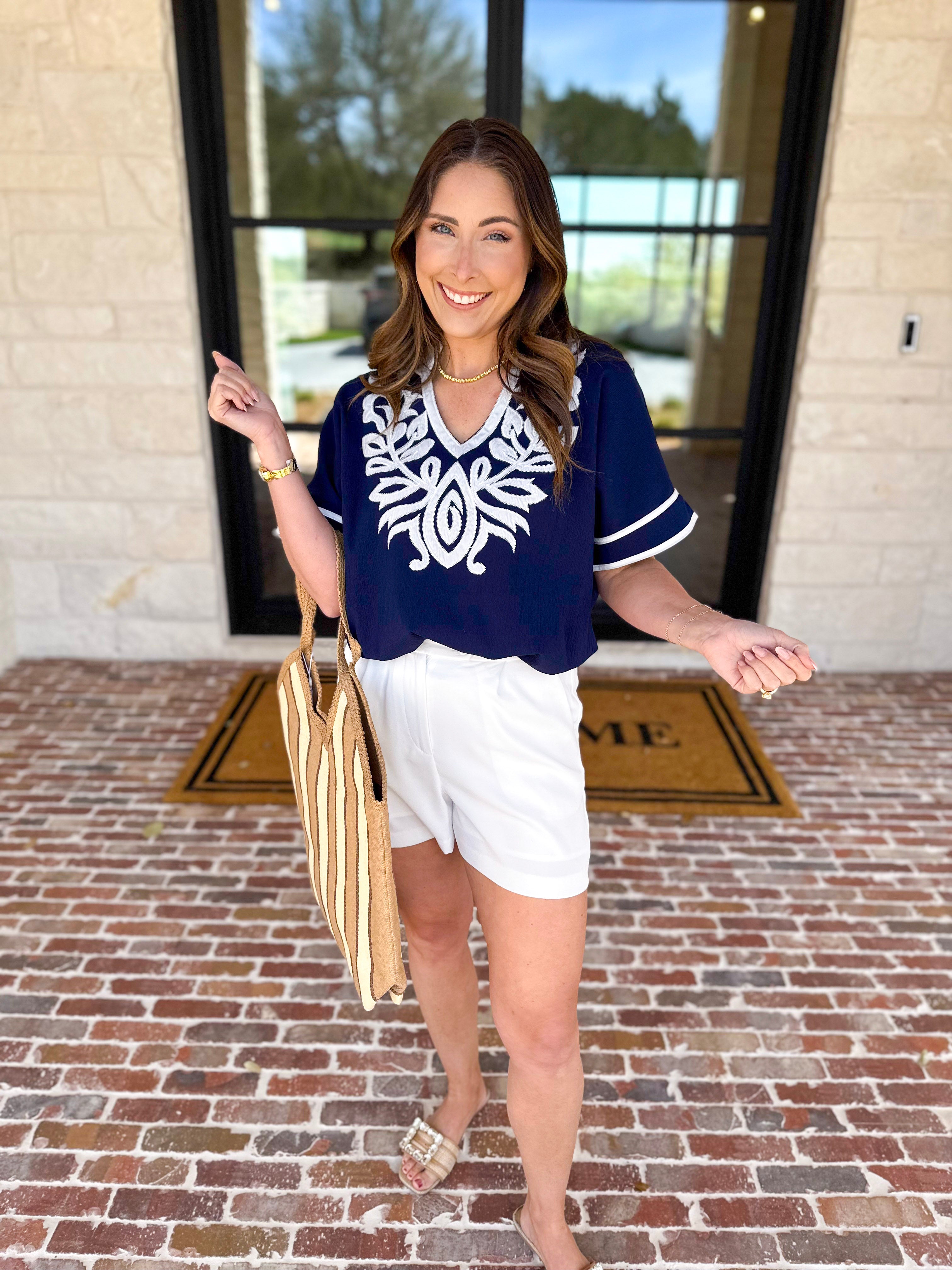 City Strolls Embroidered Blouse - Navy-200 Fashion Blouses-JODIFL-July & June Women's Fashion Boutique Located in San Antonio, Texas