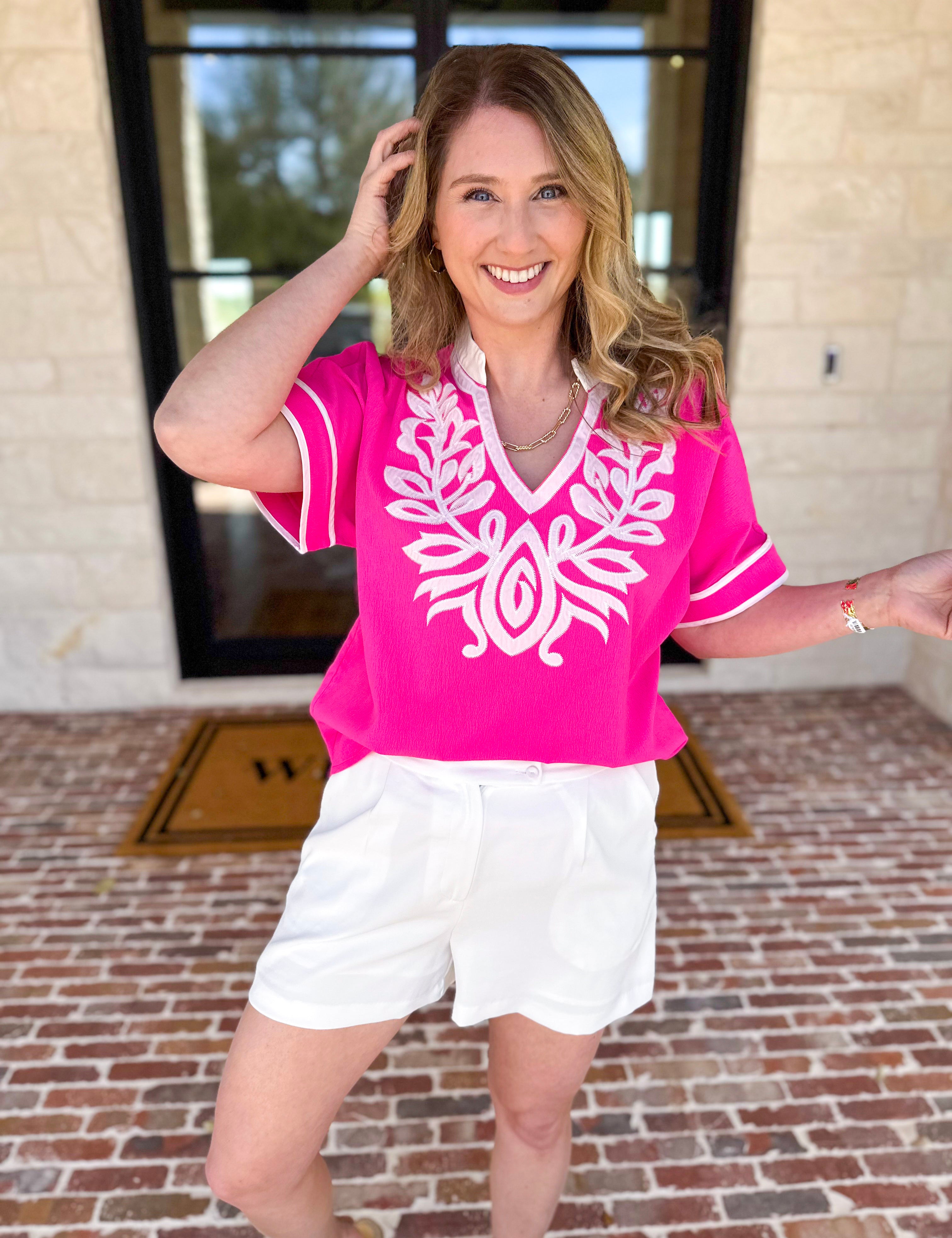City Strolls Embroidered Blouse - Hot Pink-200 Fashion Blouses-JODIFL-July & June Women's Fashion Boutique Located in San Antonio, Texas