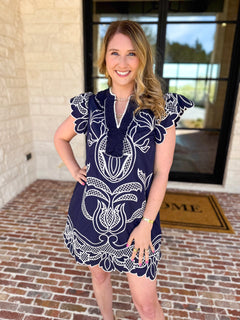 Bloom Embroidered Mini Dress - Navy-510 Mini-ENTRO-July & June Women's Fashion Boutique Located in San Antonio, Texas