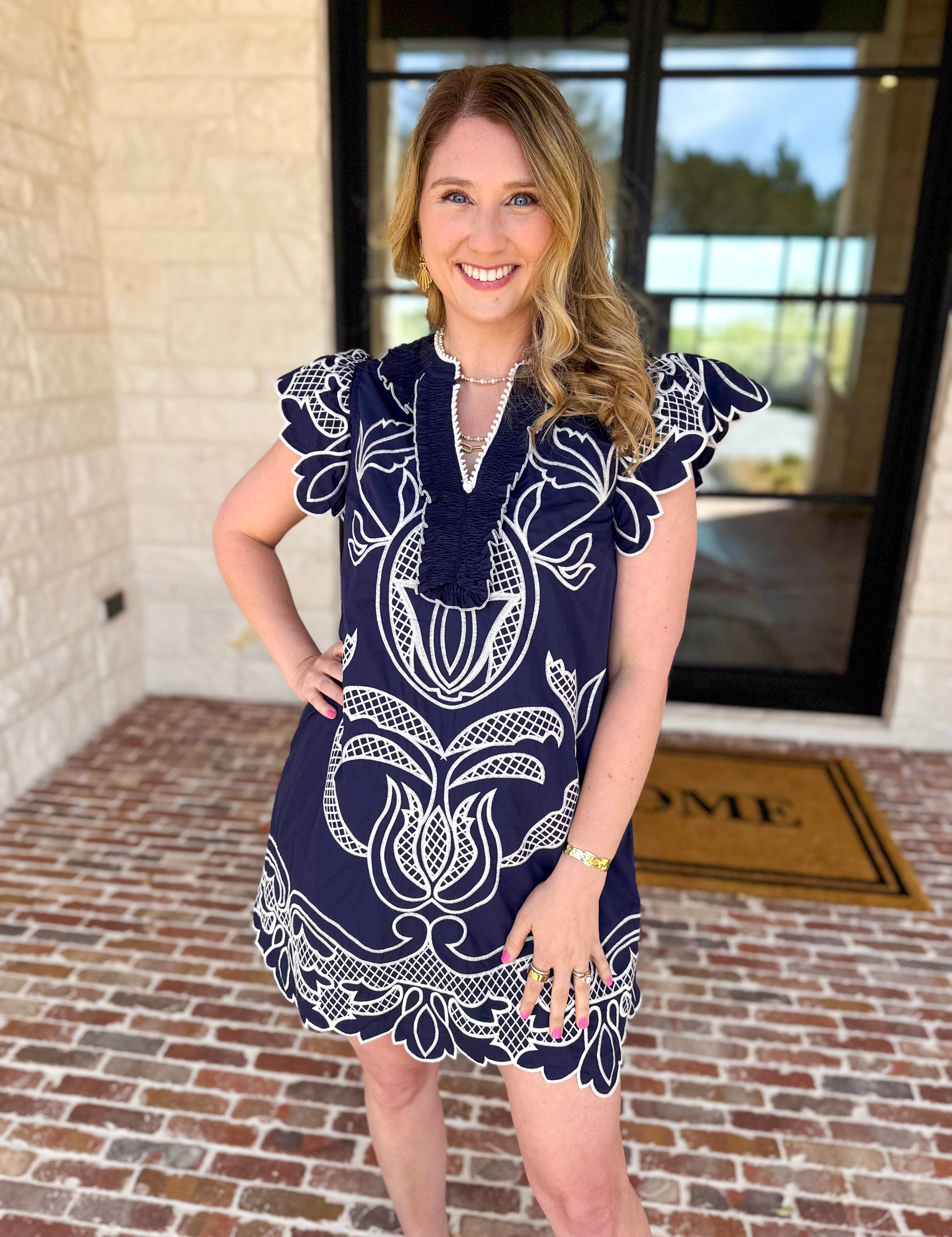 Bloom Embroidered Mini Dress - Navy-510 Mini-ENTRO-July & June Women's Fashion Boutique Located in San Antonio, Texas