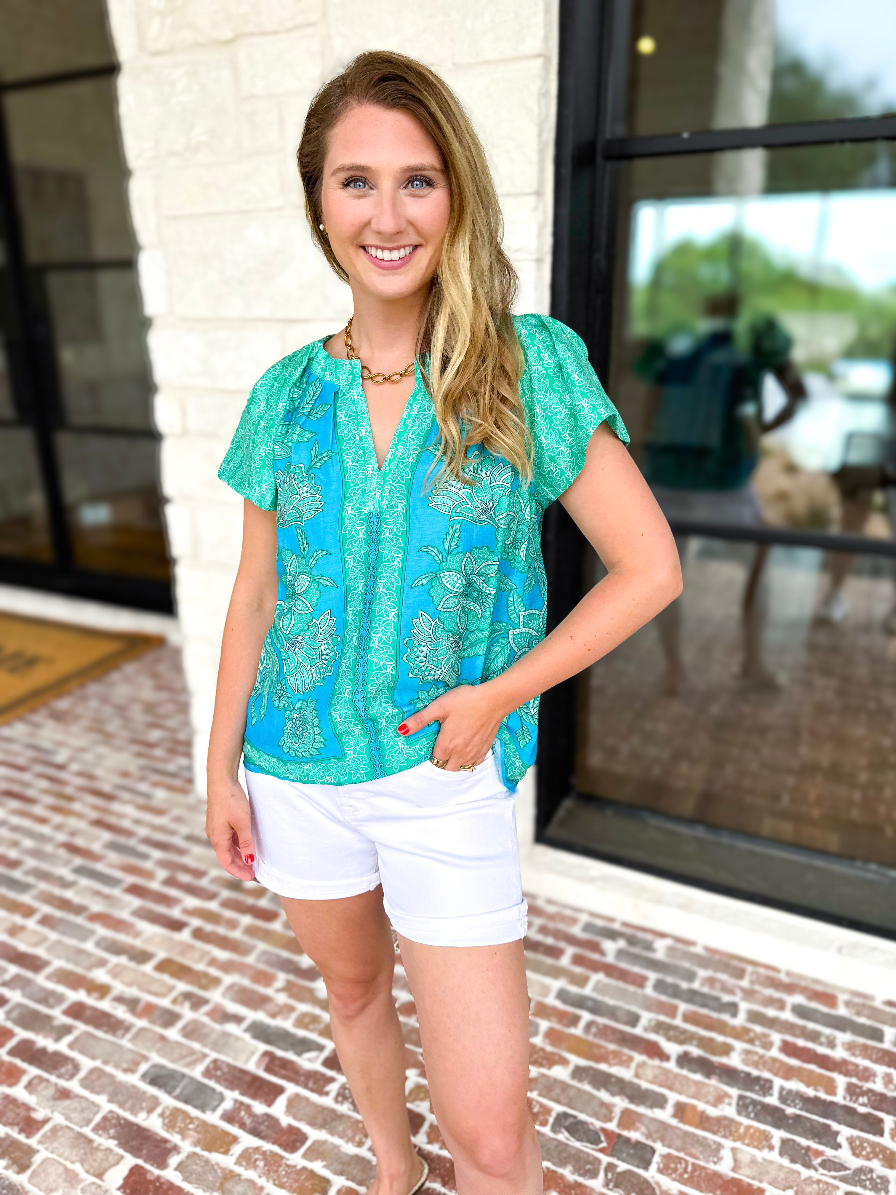 Current Air - Blue Tide Floral Blouse-200 Fashion Blouses-CURRENT AIR CLOTHING-July & June Women's Fashion Boutique Located in San Antonio, Texas