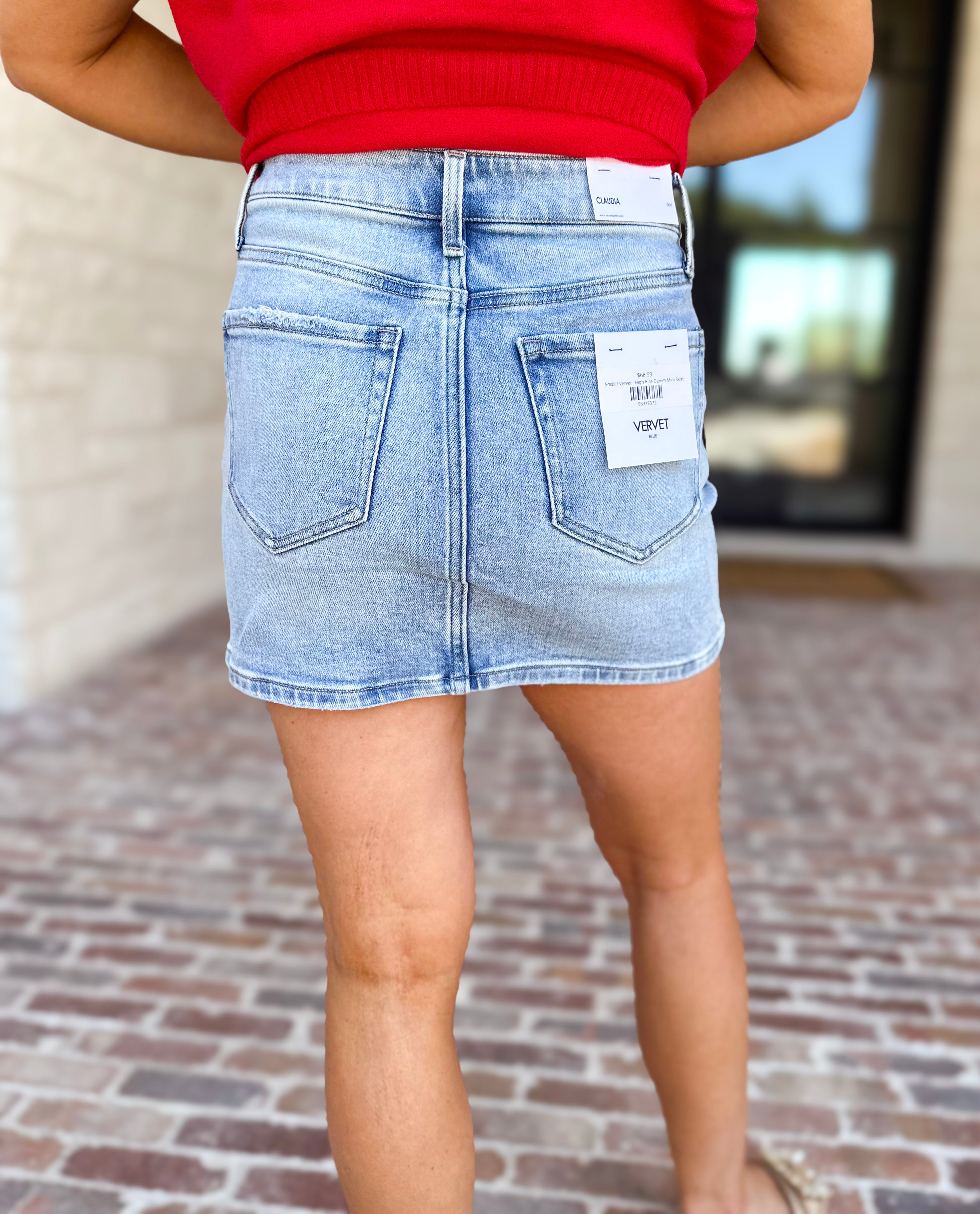 Vervet - High Rise Denim Mini Skirt-410 Shorts/Skirts-VEVERT BY FLYING MONKEY-July & June Women's Fashion Boutique Located in San Antonio, Texas