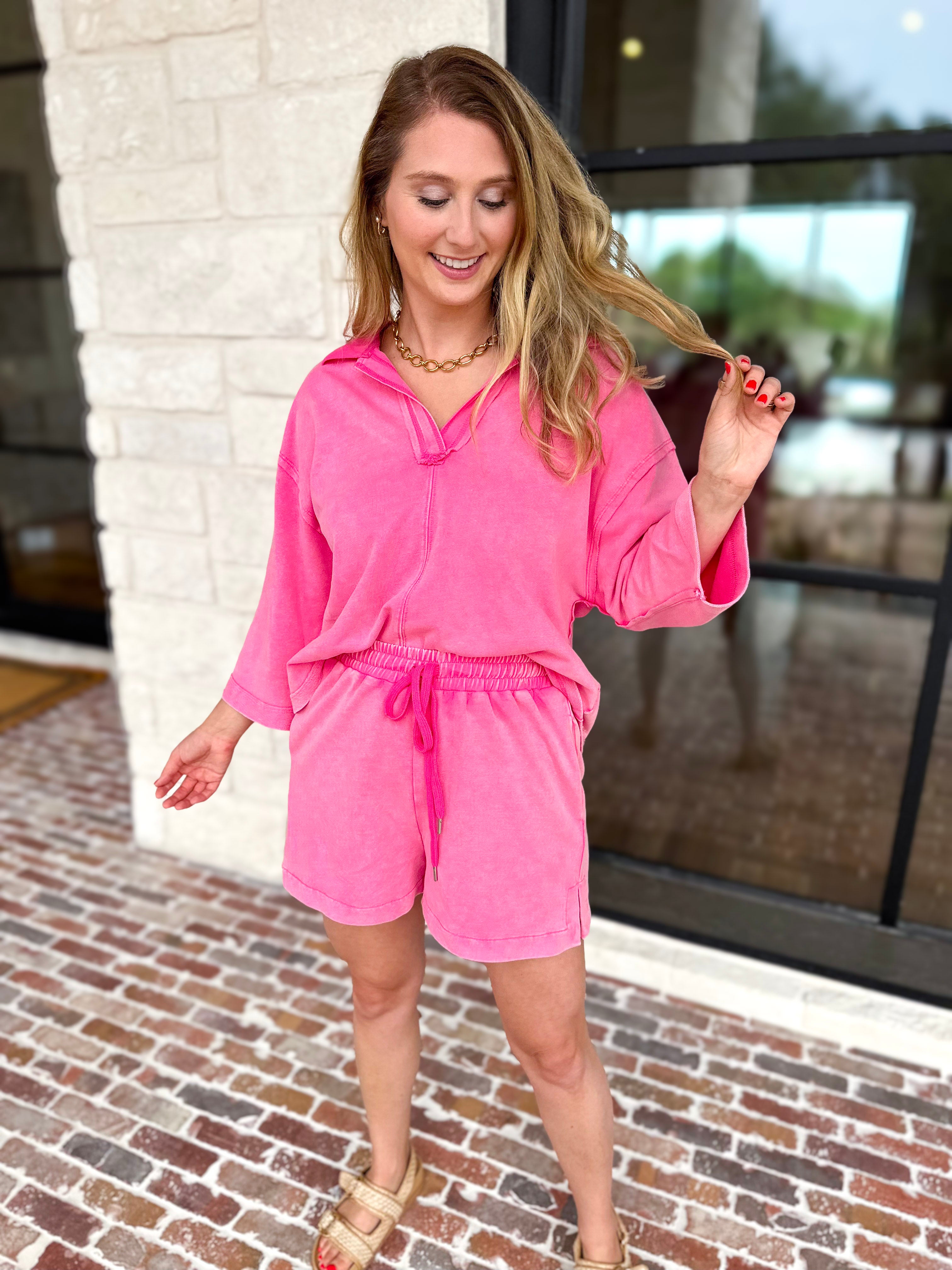 Comfy Collared Short Set - Pink-300 Athleisure/Lounge-JODIFL-July & June Women's Fashion Boutique Located in San Antonio, Texas