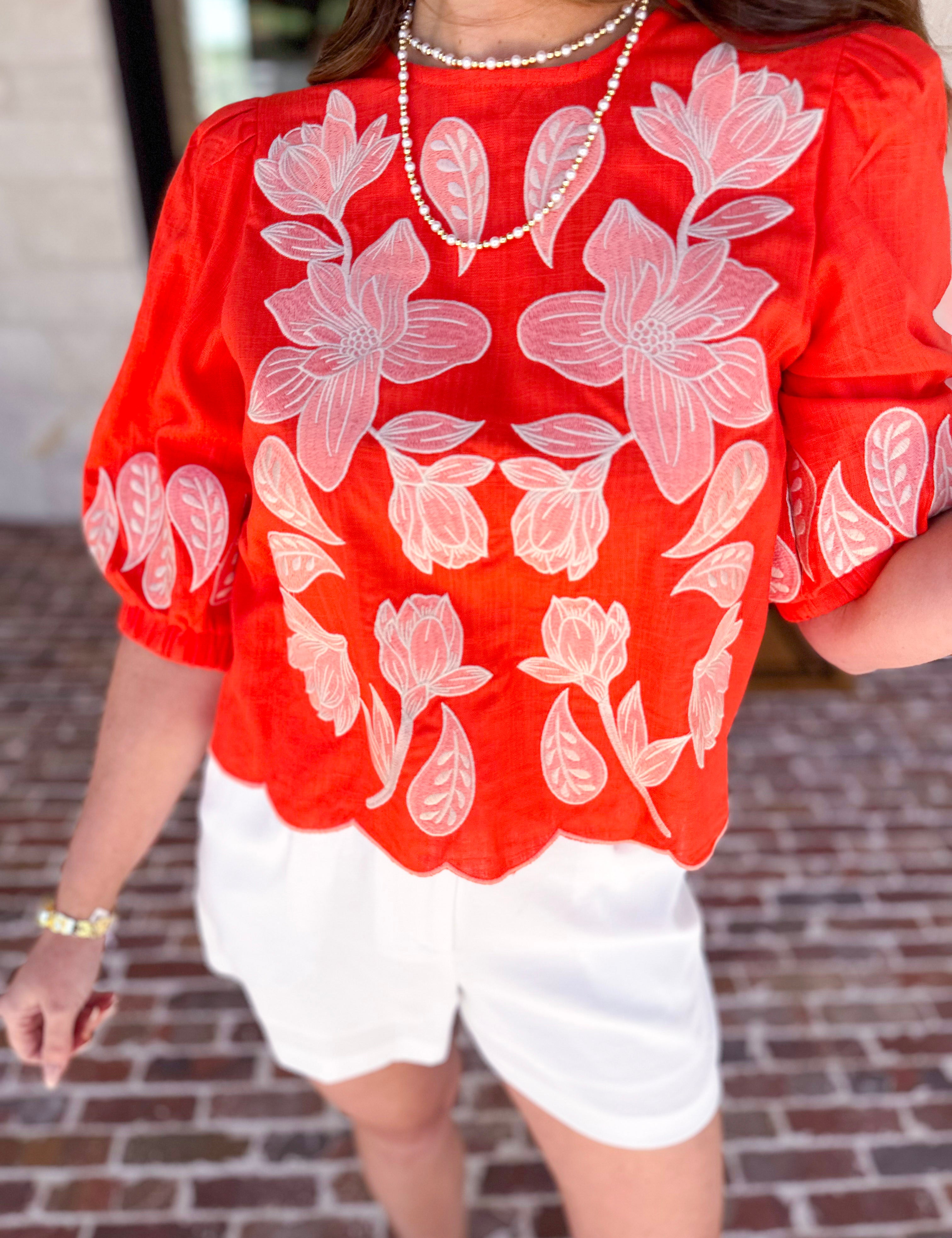 THML - Bold Orange Embroidered Blouse-200 Fashion Blouses-THML-July & June Women's Fashion Boutique Located in San Antonio, Texas