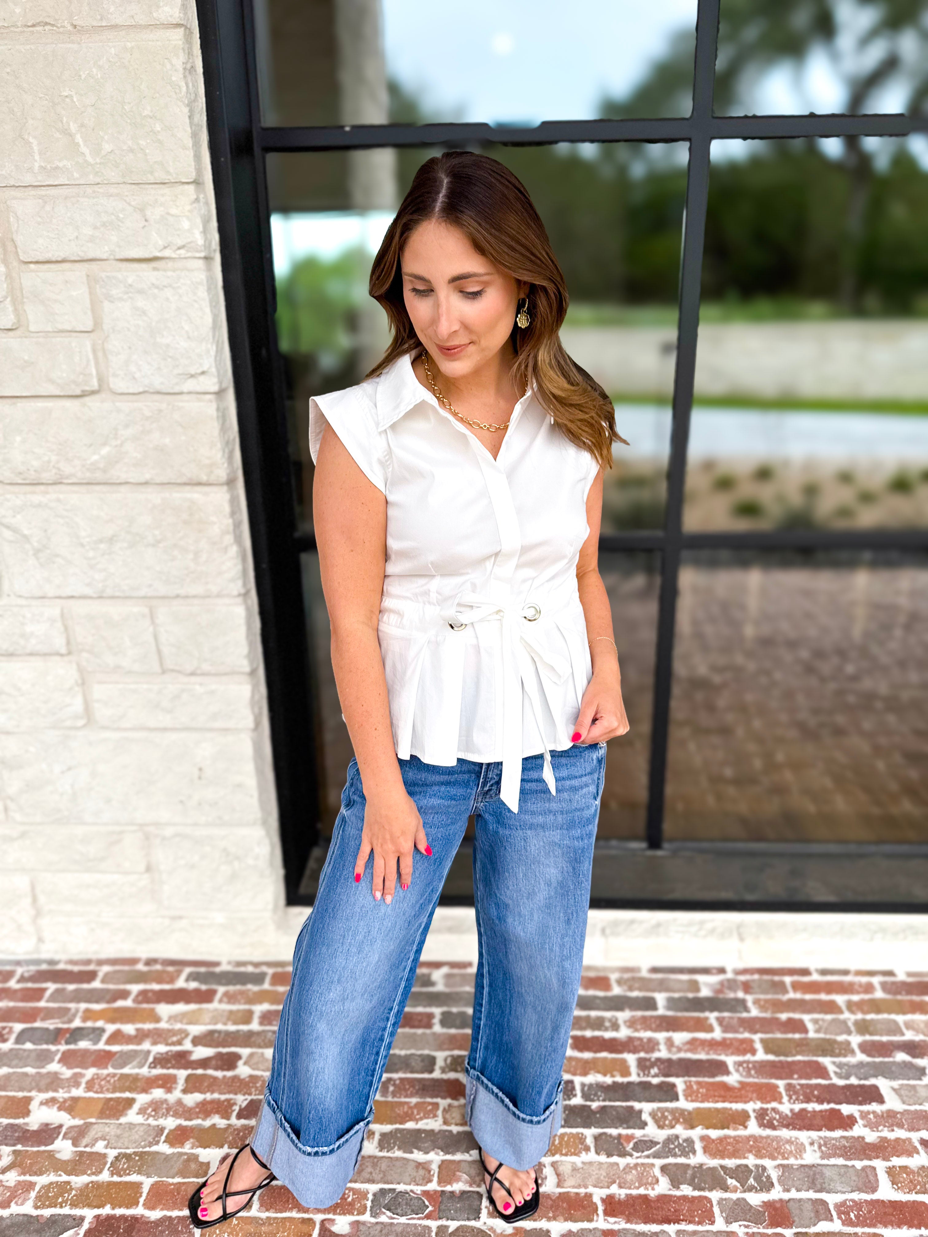 White Tie Front Button Down Tank-200 Fashion Blouses-ENTRO-July & June Women's Fashion Boutique Located in San Antonio, Texas
