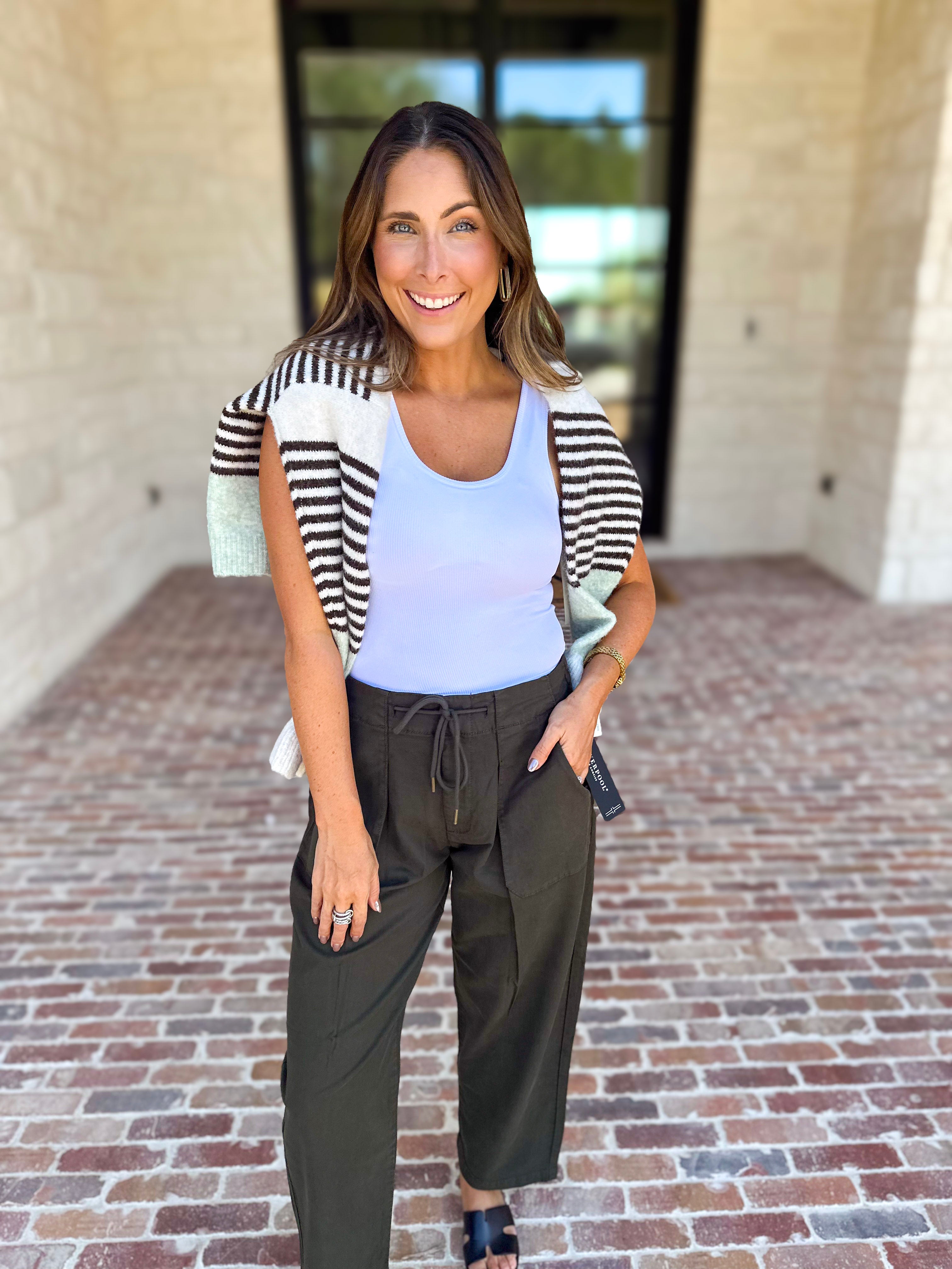 Liverpool - Cropped Olive Green Drawstring Trousers-400 Pants-LIVERPOOL JEANS COMPANY-July & June Women's Fashion Boutique Located in San Antonio, Texas