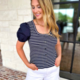 Navy Stripe Knit Tee-200 Fashion Blouses-SKIES ARE BLUE-July & June Women's Fashion Boutique Located in San Antonio, Texas
