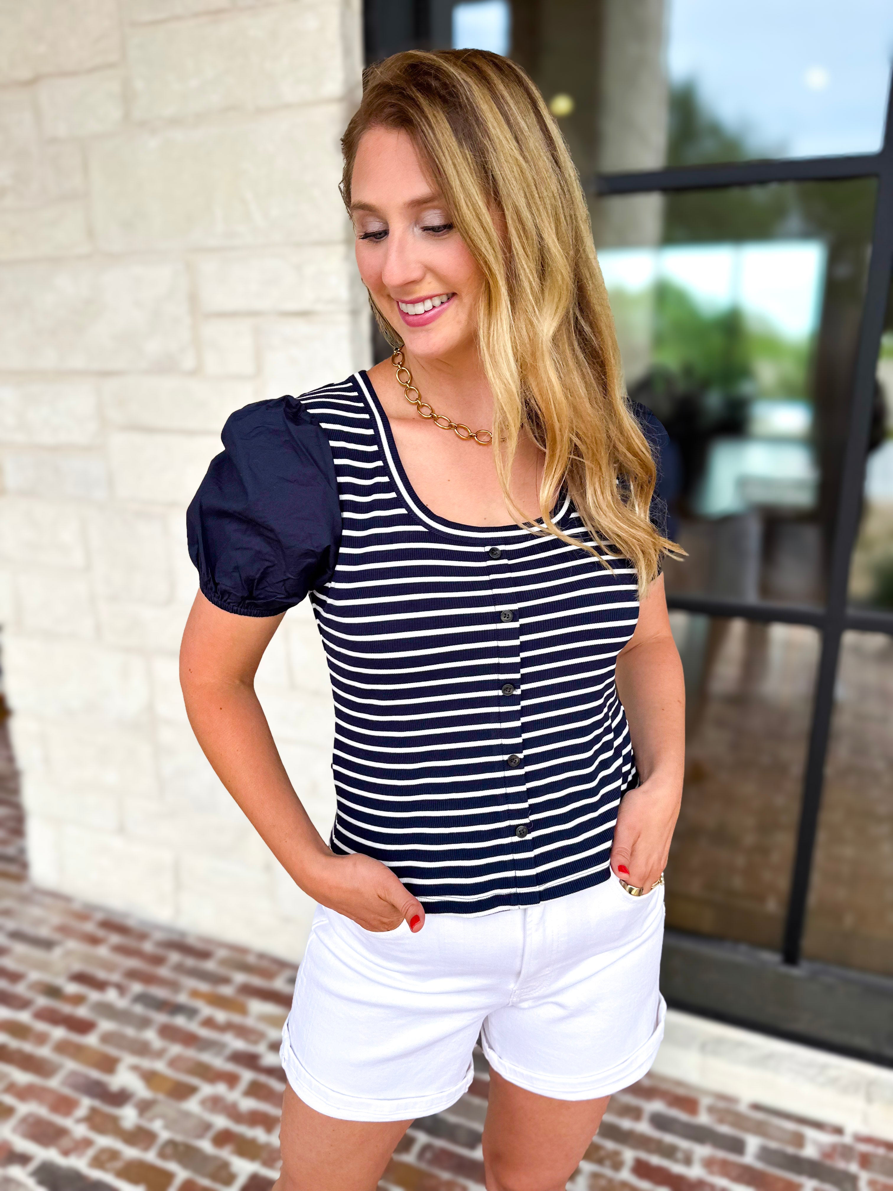 Navy Stripe Knit Tee-200 Fashion Blouses-SKIES ARE BLUE-July & June Women's Fashion Boutique Located in San Antonio, Texas
