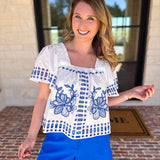 Tropical Blue Embroidered Blouse-200 Fashion Blouses-FATE-July & June Women's Fashion Boutique Located in San Antonio, Texas