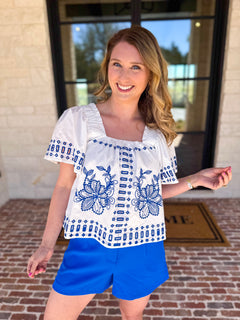 Tropical Blue Embroidered Blouse-200 Fashion Blouses-FATE-July & June Women's Fashion Boutique Located in San Antonio, Texas