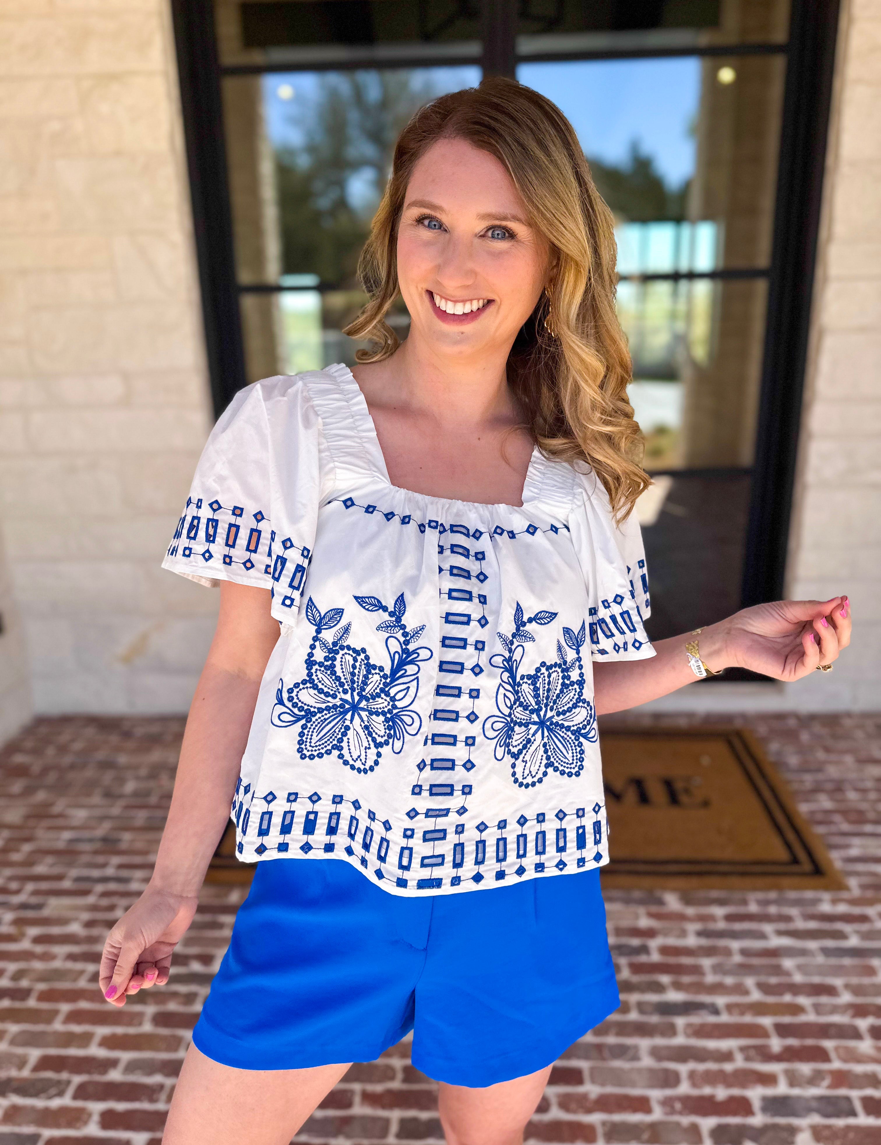 Tropical Blue Embroidered Blouse-200 Fashion Blouses-FATE-July & June Women's Fashion Boutique Located in San Antonio, Texas