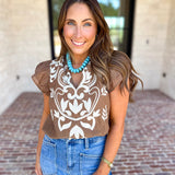 THML - Nutmeg Embroidered Flutter Sleeve Blouse-200 Fashion Blouses-THML-July & June Women's Fashion Boutique Located in San Antonio, Texas