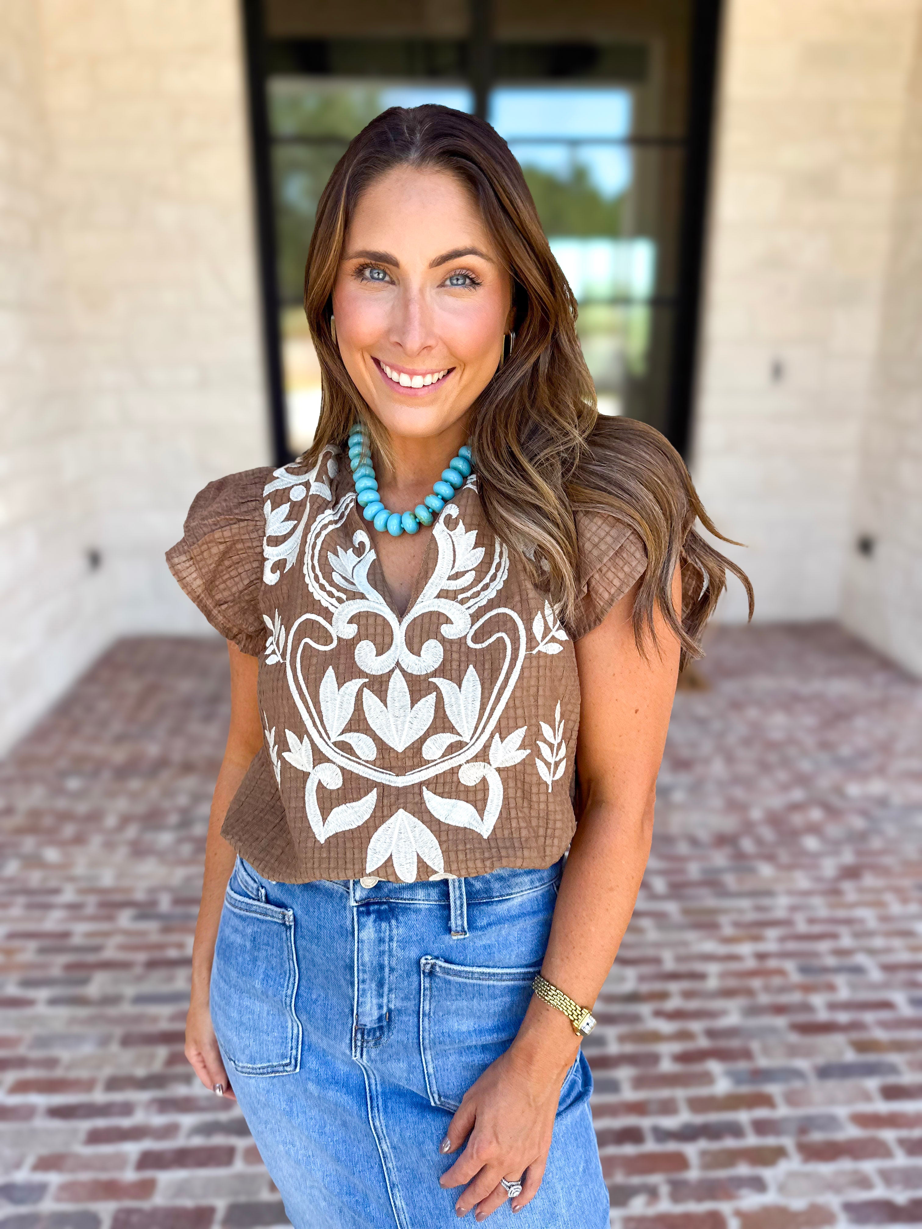 THML - Nutmeg Embroidered Flutter Sleeve Blouse-200 Fashion Blouses-THML-July & June Women's Fashion Boutique Located in San Antonio, Texas