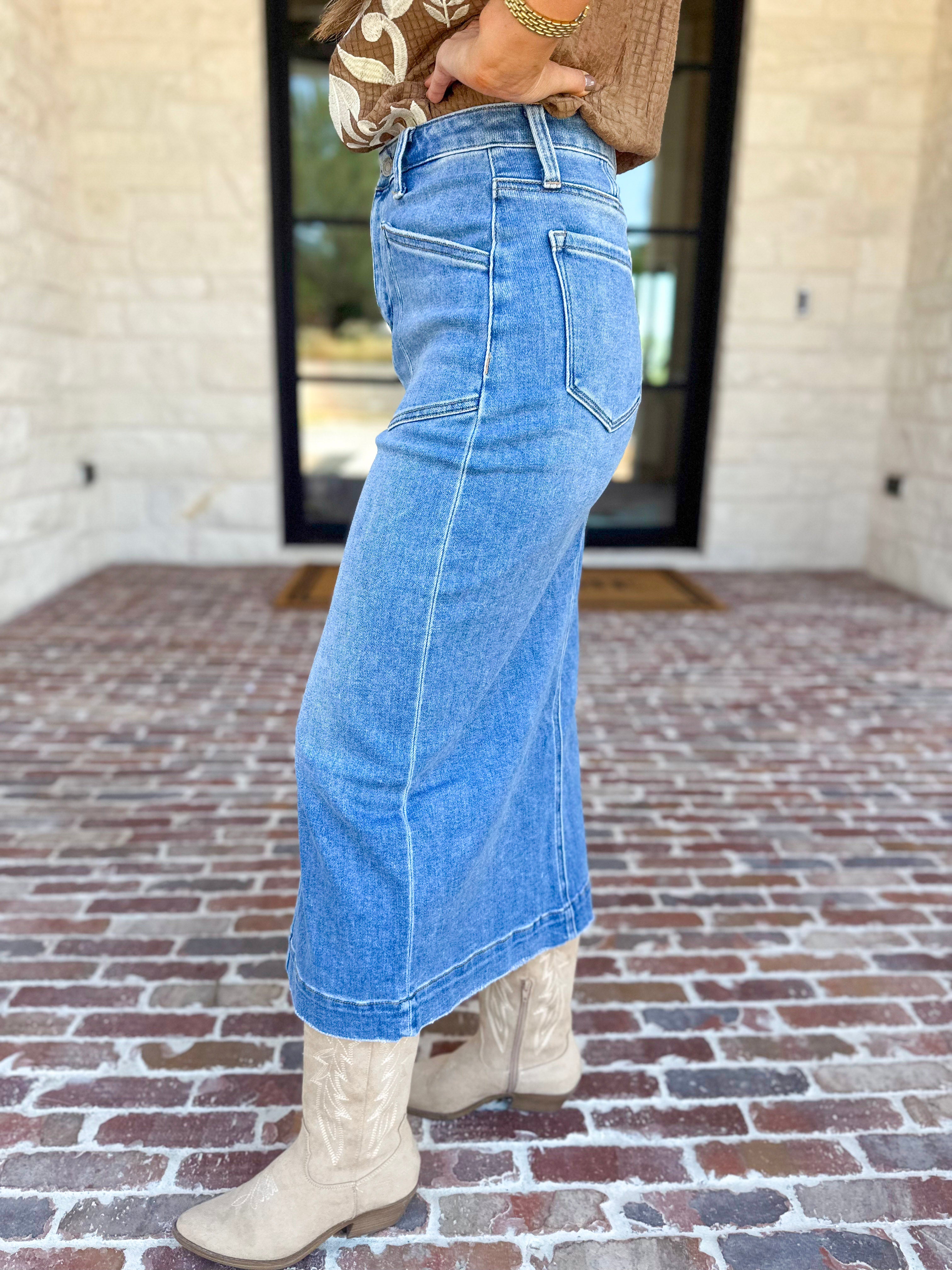 Vervet - Patch Pocket Denim Midi Skirt-410 Shorts/Skirts-VEVERT BY FLYING MONKEY-July & June Women's Fashion Boutique Located in San Antonio, Texas