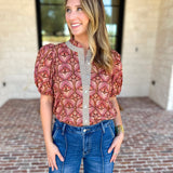 Rosewood Puff Sleeve Blouse-200 Fashion Blouses-ENTRO-July & June Women's Fashion Boutique Located in San Antonio, Texas