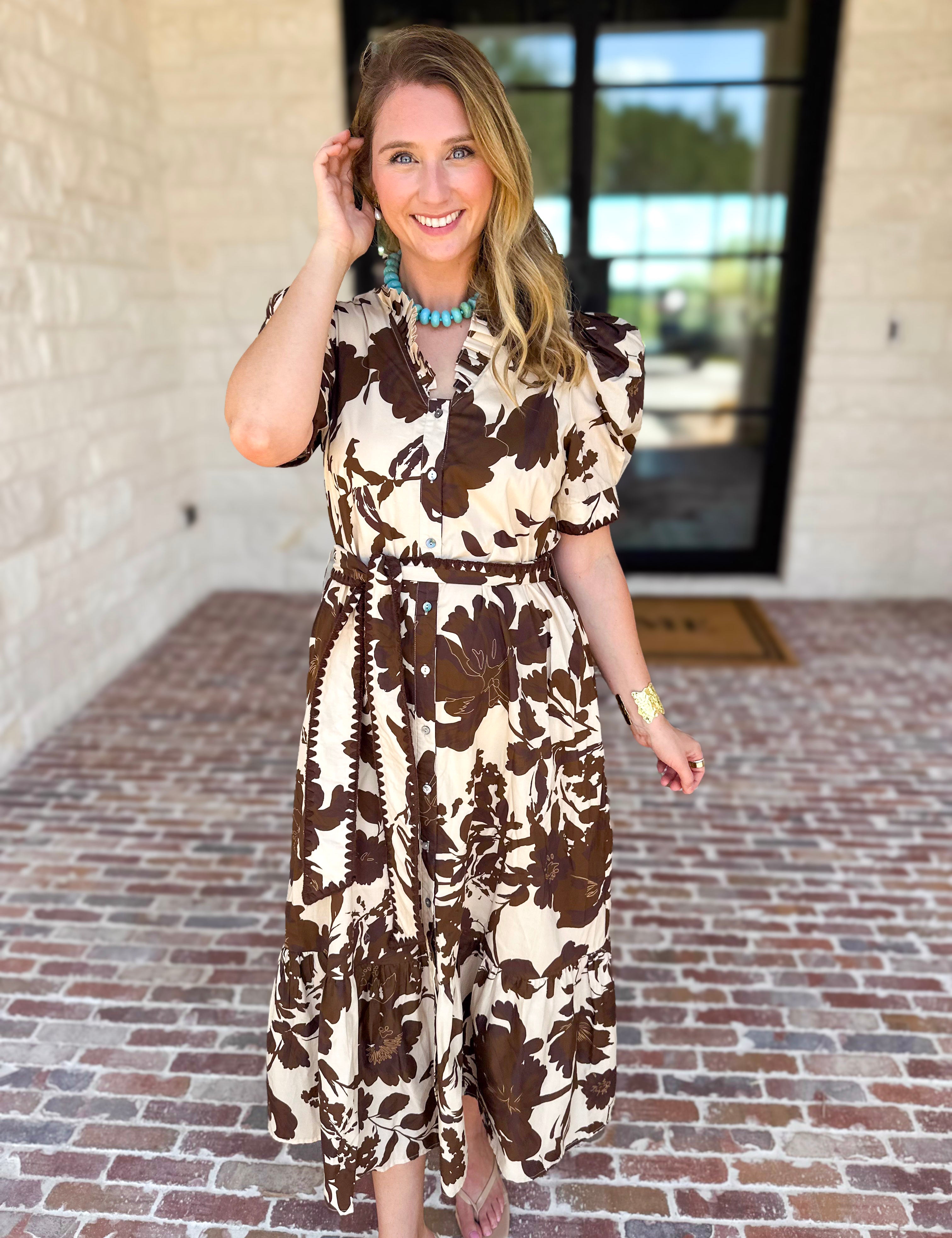 Mocha Magnolia Midi Dress-500 Midi-ENTRO-July & June Women's Fashion Boutique Located in San Antonio, Texas