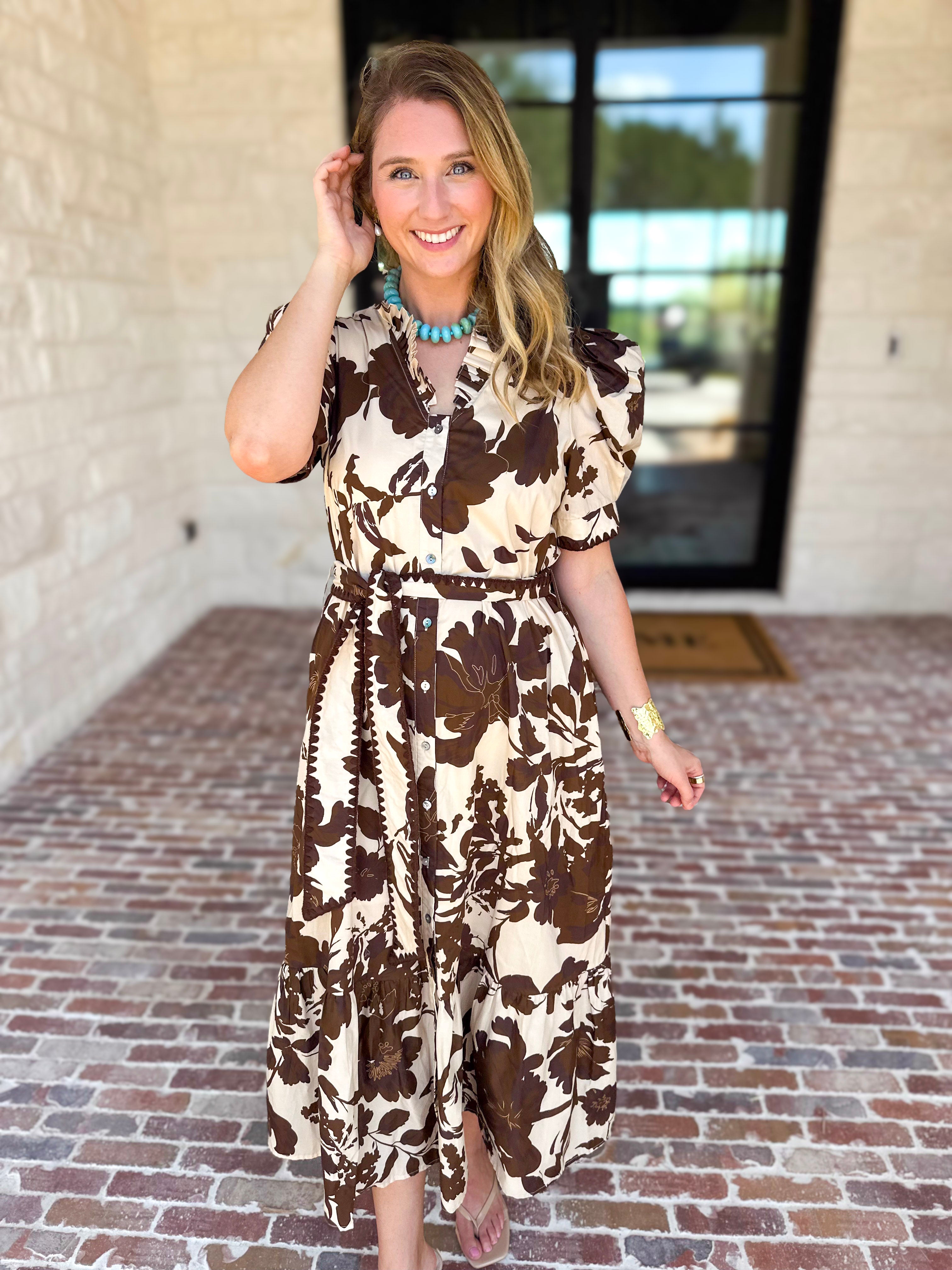 Mocha Magnolia Midi Dress-500 Midi-ENTRO-July & June Women's Fashion Boutique Located in San Antonio, Texas