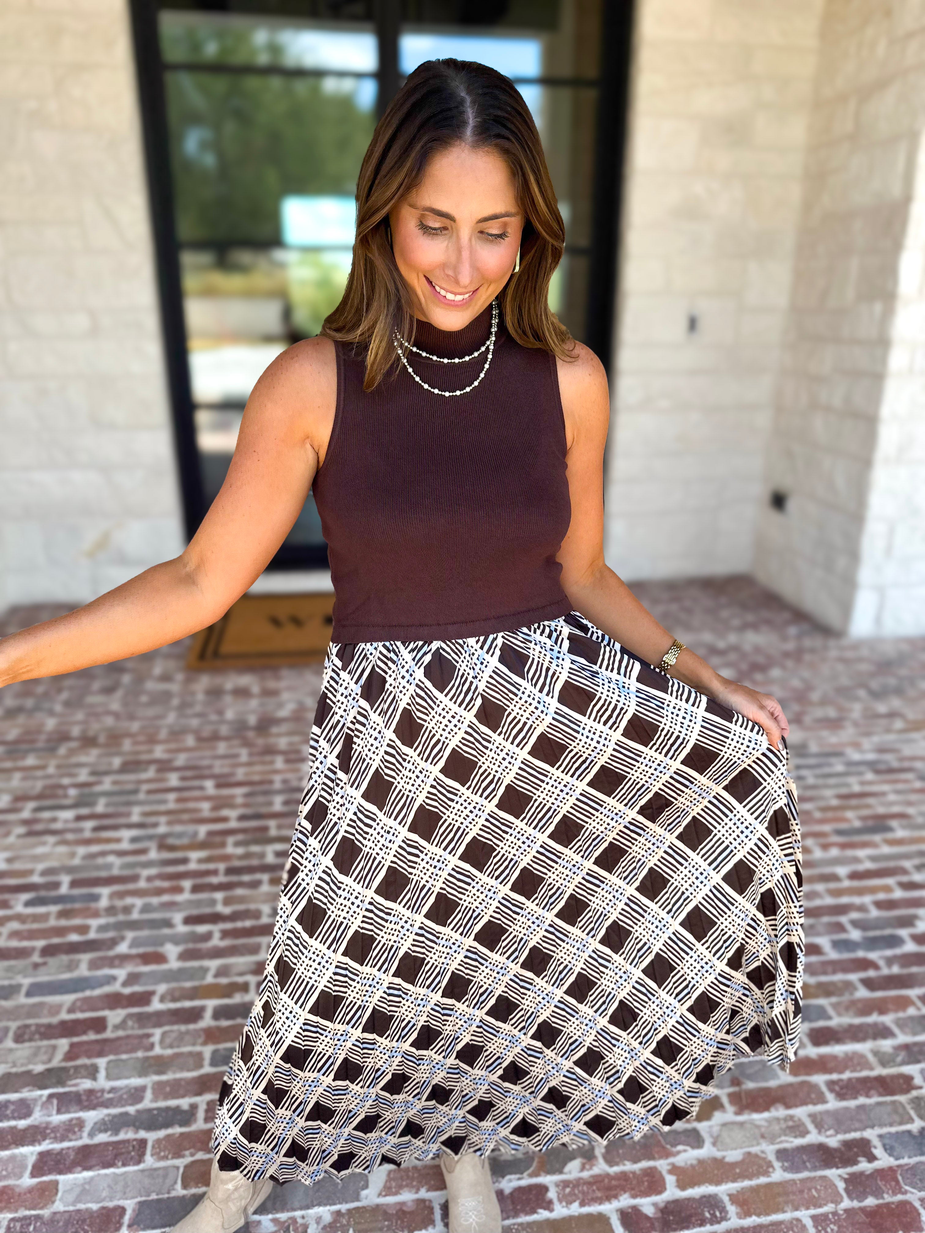 Cocoa Sky Texture Contrast Midi Dress-500 Midi-SKIES ARE BLUE-July & June Women's Fashion Boutique Located in San Antonio, Texas