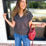 Liverpool - V-Neck Cinch Knit Top - Charcoal-230 Sweaters/Cardis-LIVERPOOL JEANS COMPANY-July & June Women's Fashion Boutique Located in San Antonio, Texas