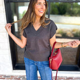 Liverpool - V-Neck Cinch Knit Top - Charcoal-230 Sweaters/Cardis-LIVERPOOL JEANS COMPANY-July & June Women's Fashion Boutique Located in San Antonio, Texas