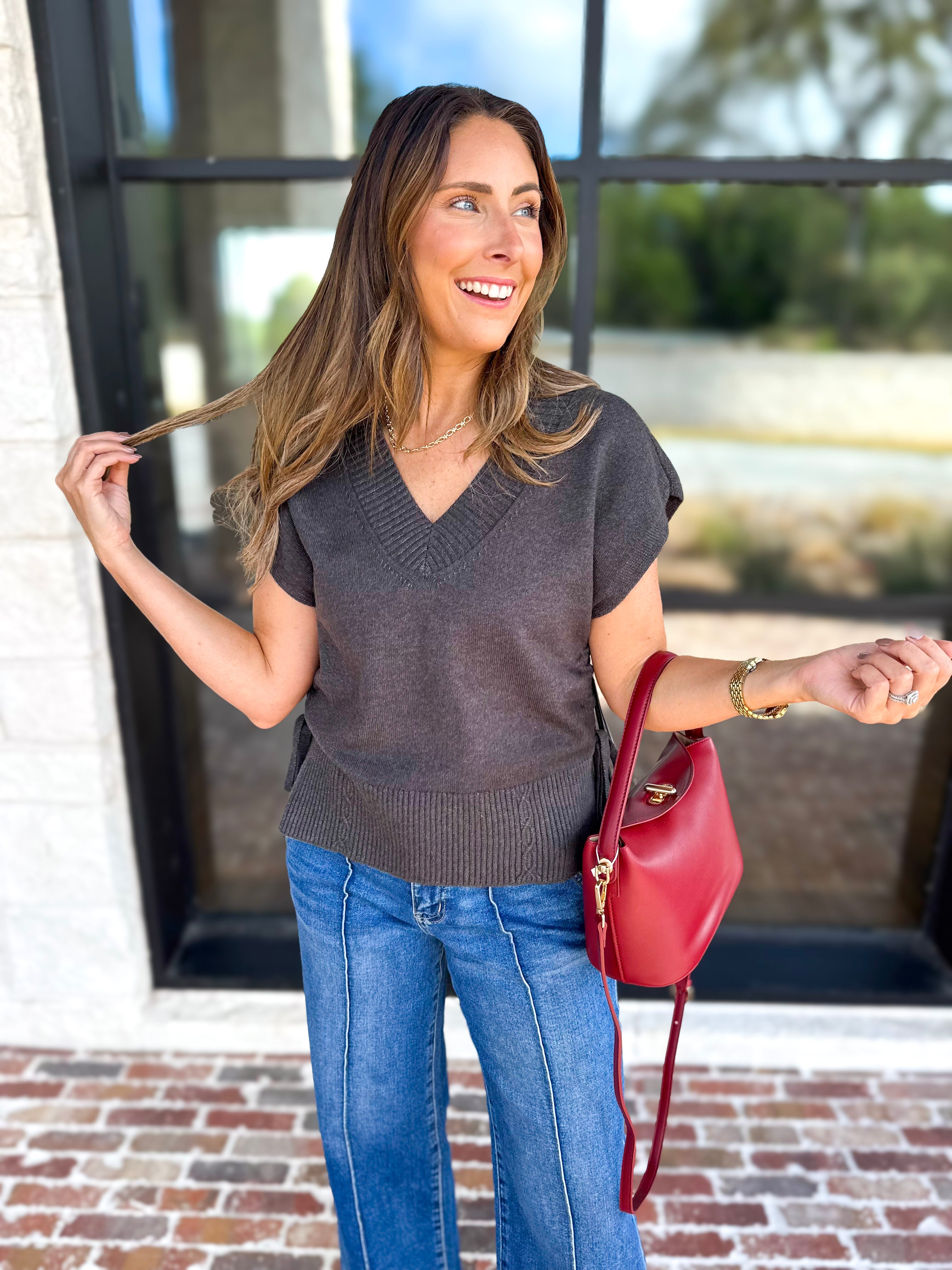 Liverpool - V-Neck Cinch Knit Top - Charcoal-230 Sweaters/Cardis-LIVERPOOL JEANS COMPANY-July & June Women's Fashion Boutique Located in San Antonio, Texas