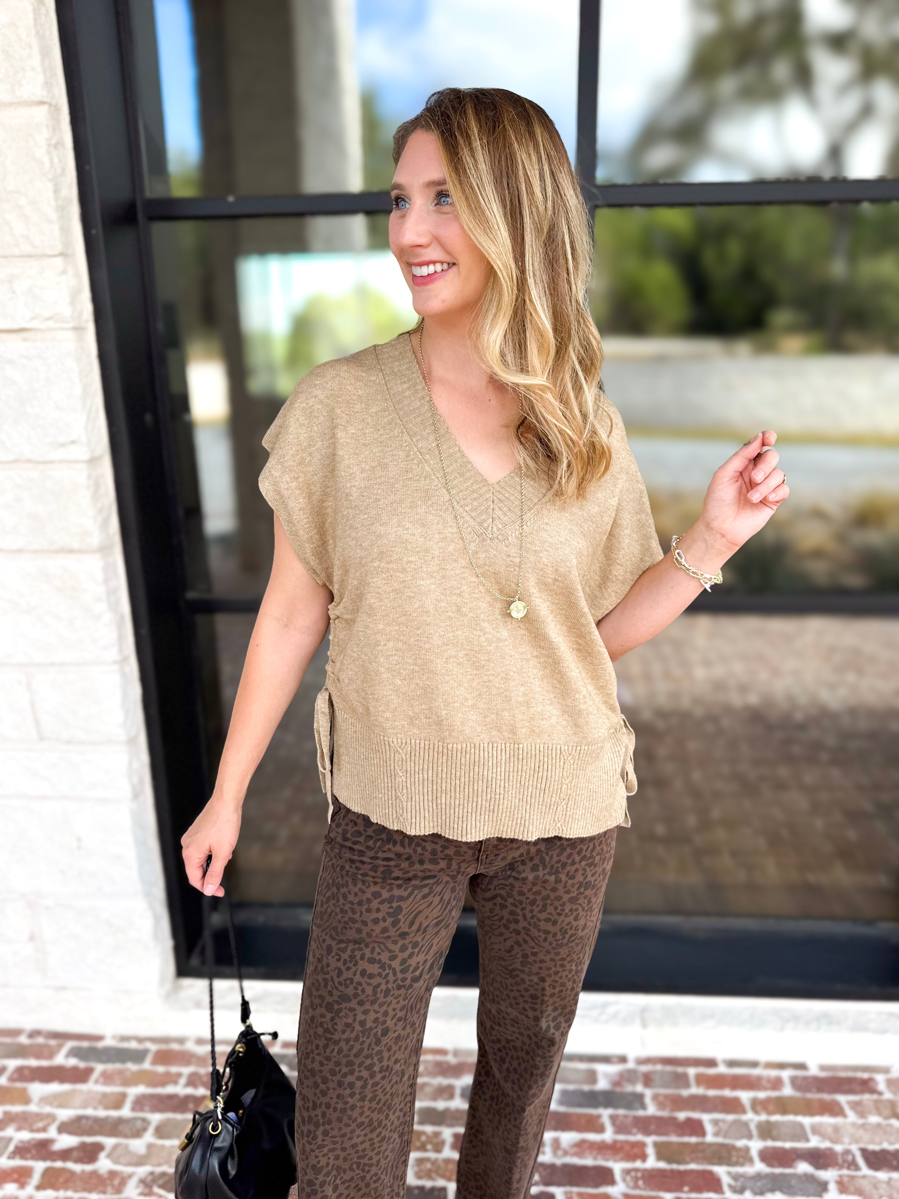Liverpool - V-Neck Cinch Knit Top - Toasted Tan-230 Sweaters/Cardis-LIVERPOOL JEANS COMPANY-July & June Women's Fashion Boutique Located in San Antonio, Texas