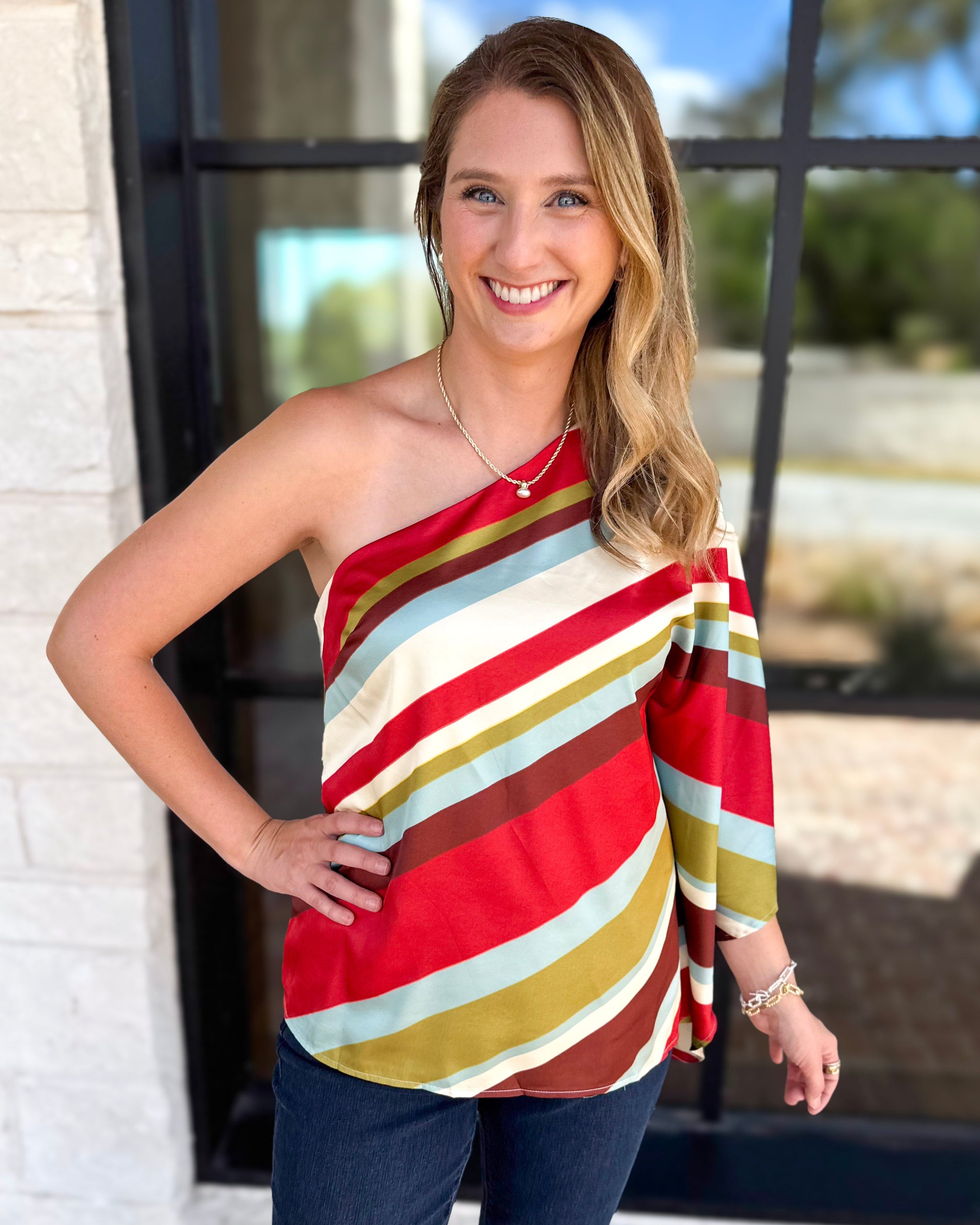 Color Rush One Shoulder Blouse-200 Fashion Blouses-TCEC-July & June Women's Fashion Boutique Located in San Antonio, Texas