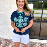 Coastal Embroidered Blouse - Navy-200 Fashion Blouses-JODIFL-July & June Women's Fashion Boutique Located in San Antonio, Texas