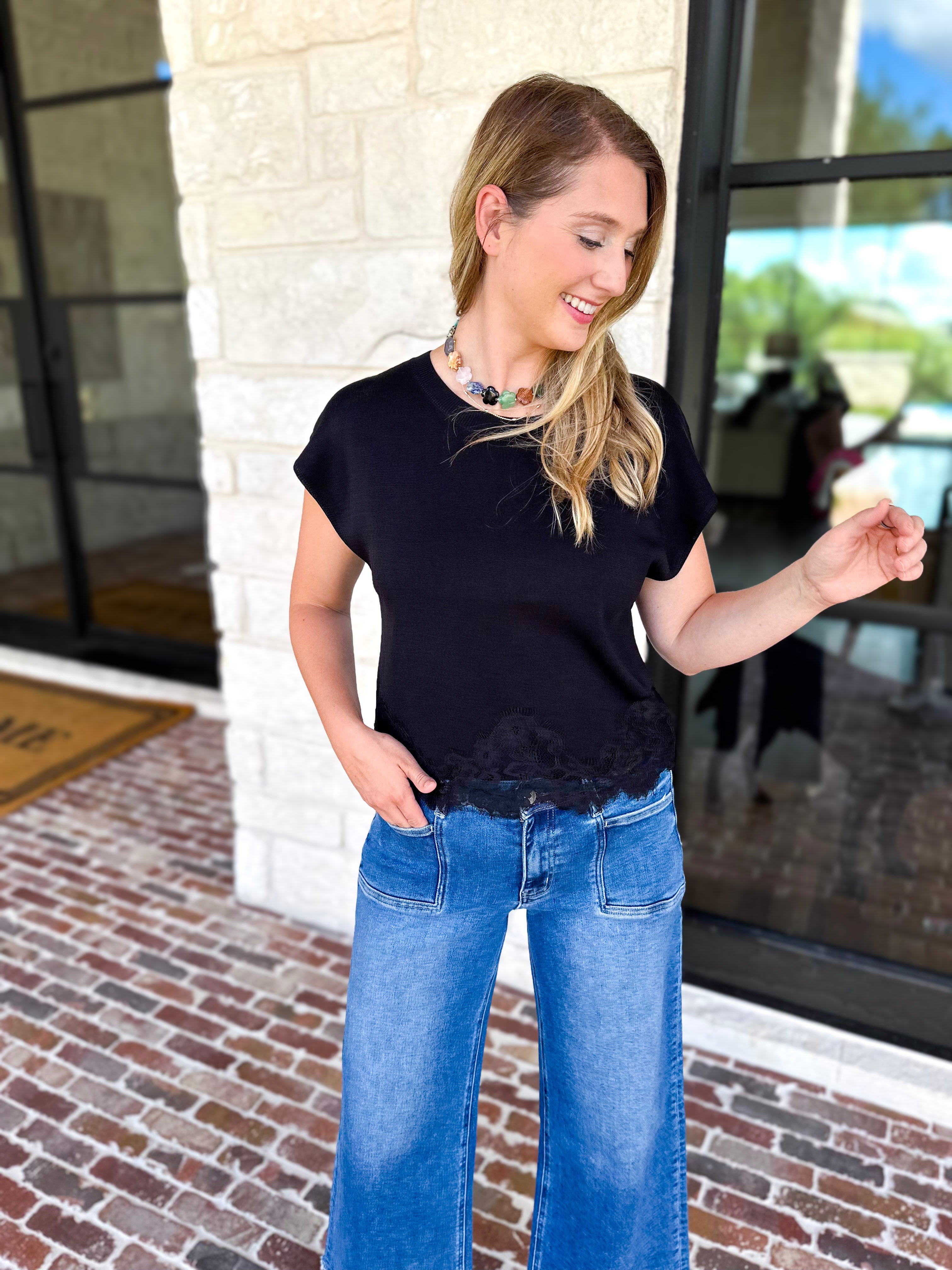 Collins Lace Trim Blouse - Black-200 Fashion Blouses-ENTRO-July & June Women's Fashion Boutique Located in San Antonio, Texas