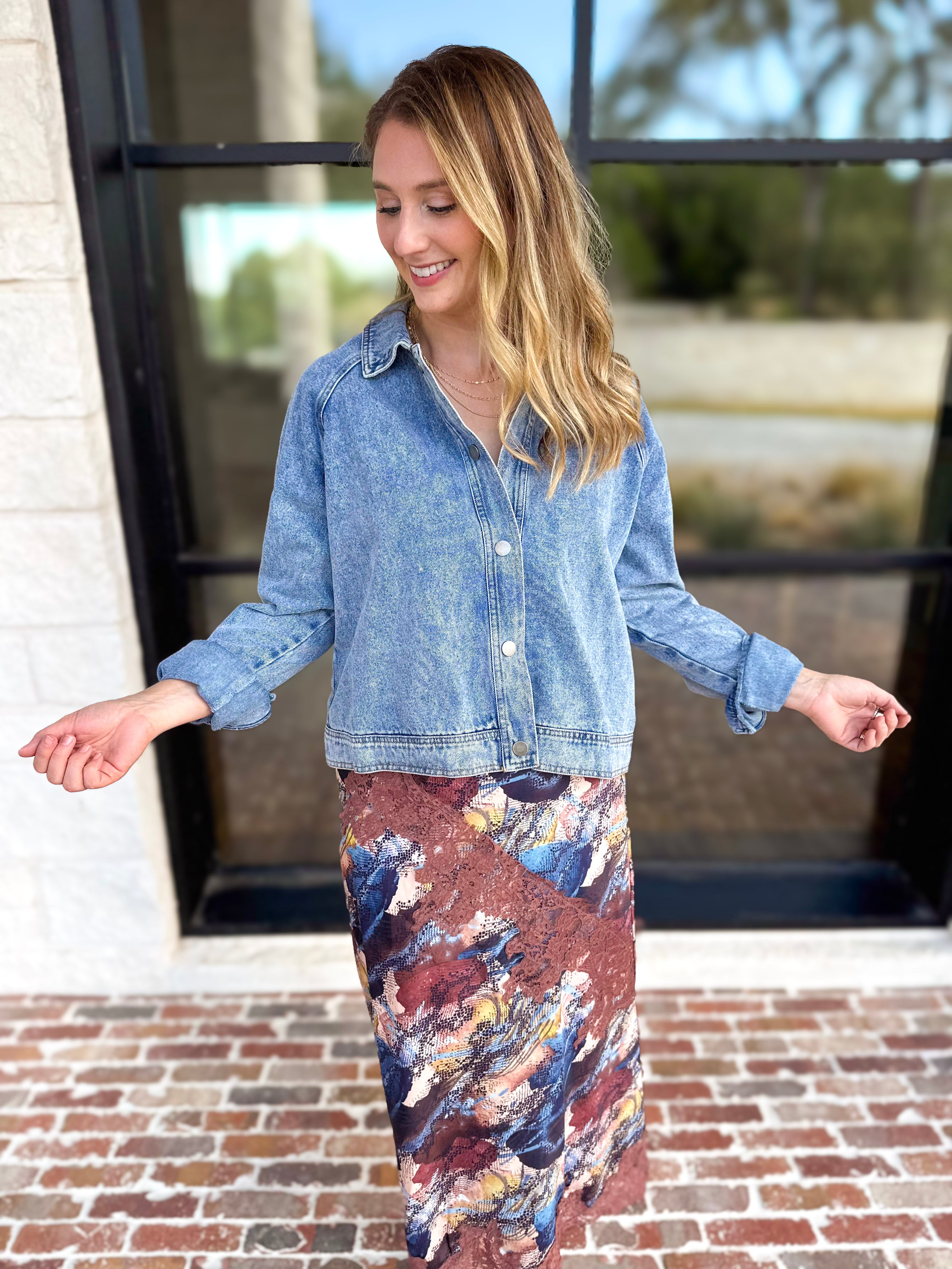 Weekend Signature Denim Shirt Jacket-200 Fashion Blouses-FATE-July & June Women's Fashion Boutique Located in San Antonio, Texas