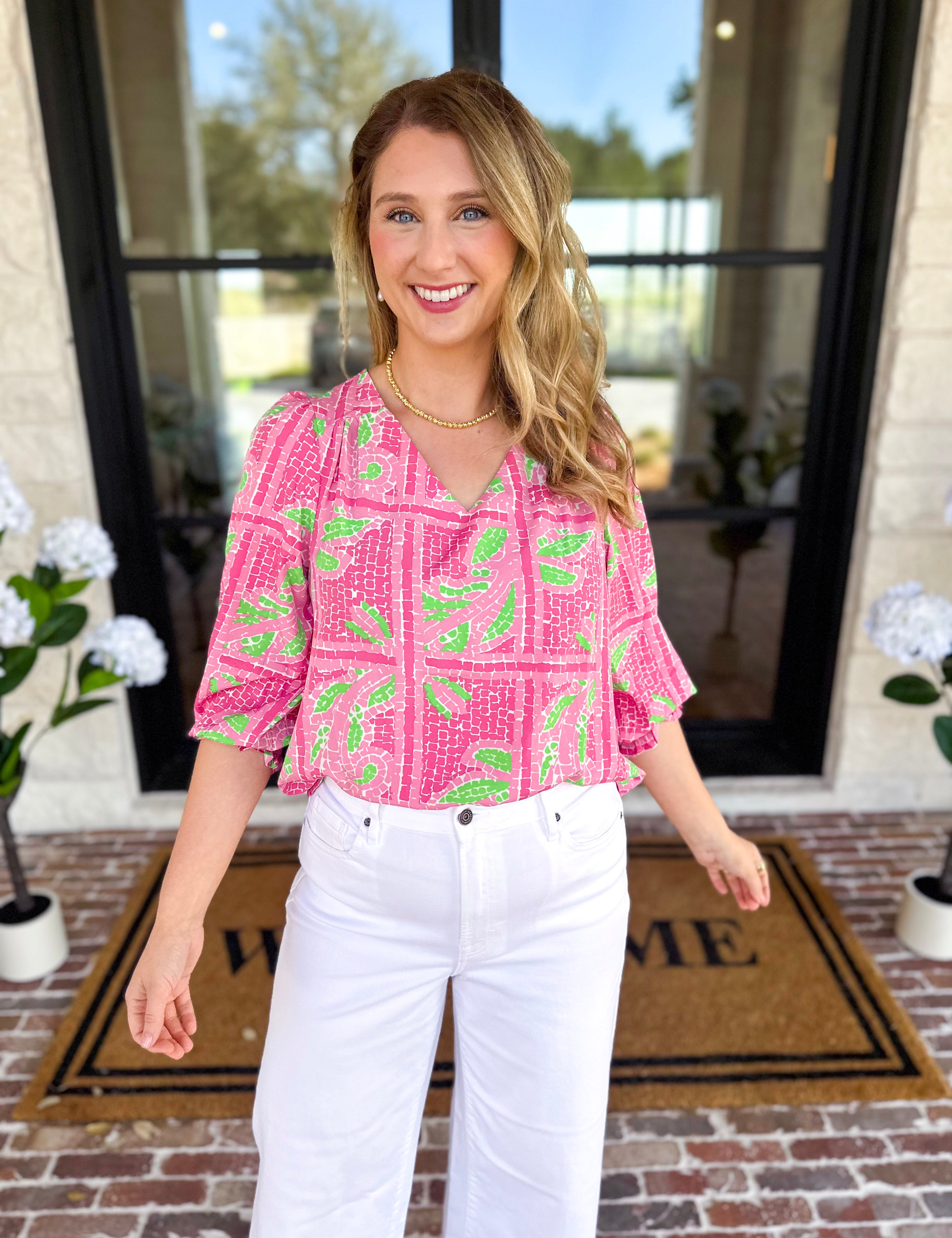 Mary Square - Trellis Tiles Blouse - Pink-200 Fashion Blouses-MARY SQUARE-July & June Women's Fashion Boutique Located in San Antonio, Texas
