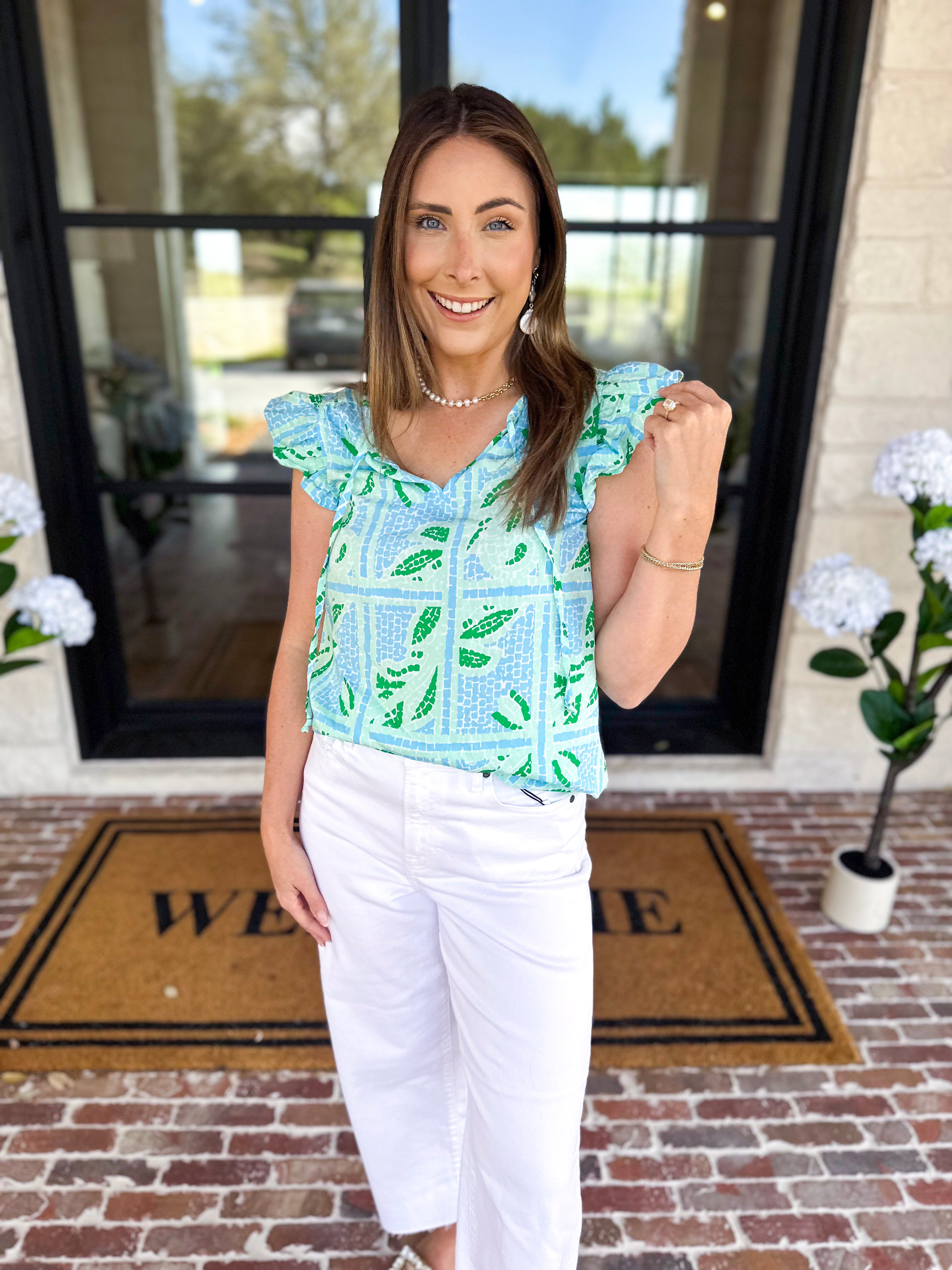 Mary Square - Lydia Trellis Tiles Blouse - Blue-200 Fashion Blouses-MARY SQUARE-July & June Women's Fashion Boutique Located in San Antonio, Texas