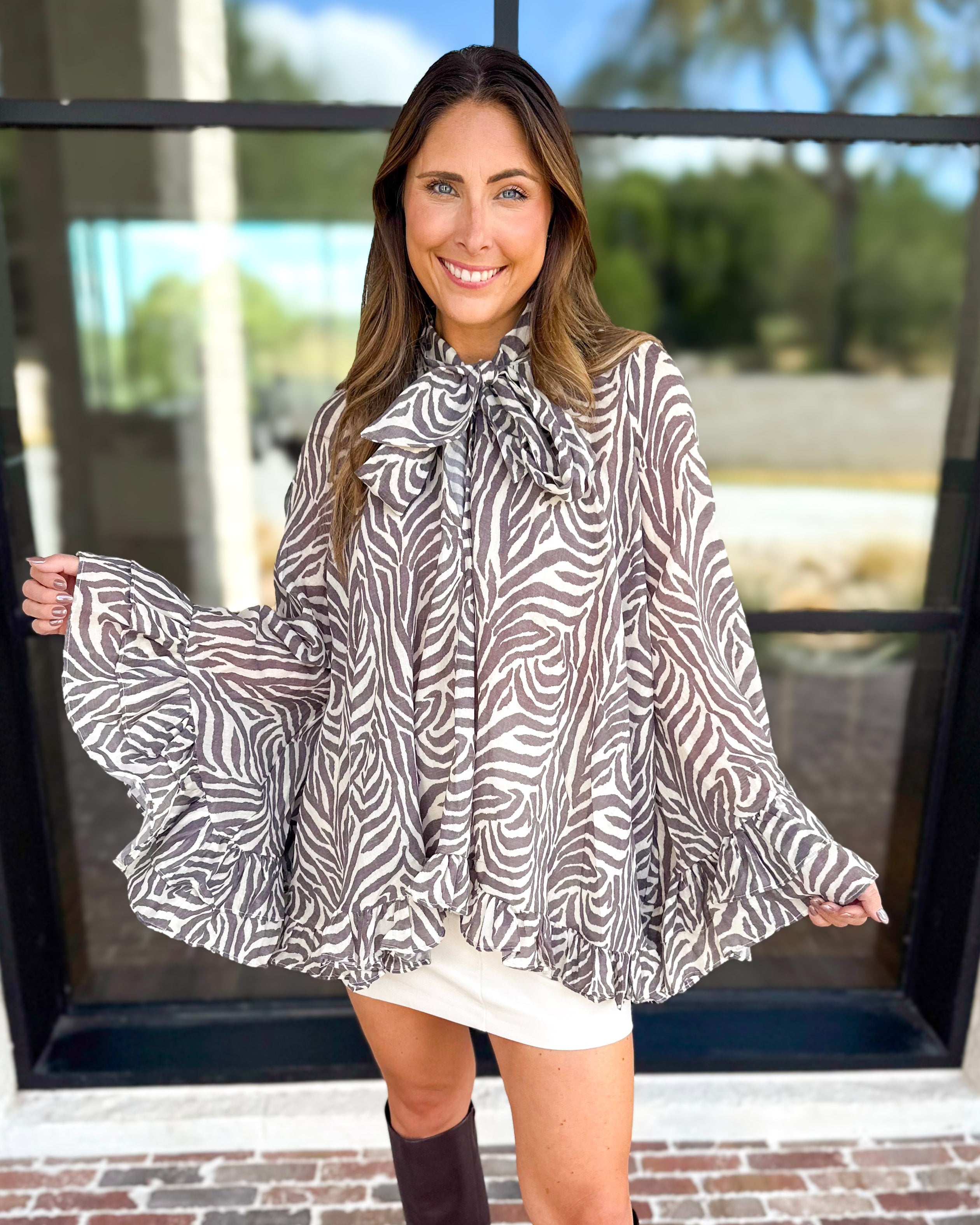 Feminine Flowy Ruffled Blouse - Mocha Zebra-200 Fashion Blouses-TCEC-July & June Women's Fashion Boutique Located in San Antonio, Texas